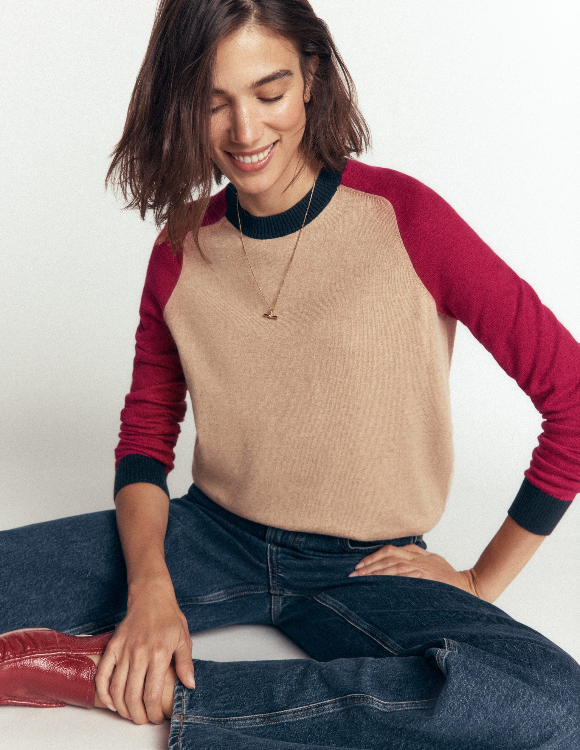 Meg Raglan Sleeve Jumper-Camel melange, red-1