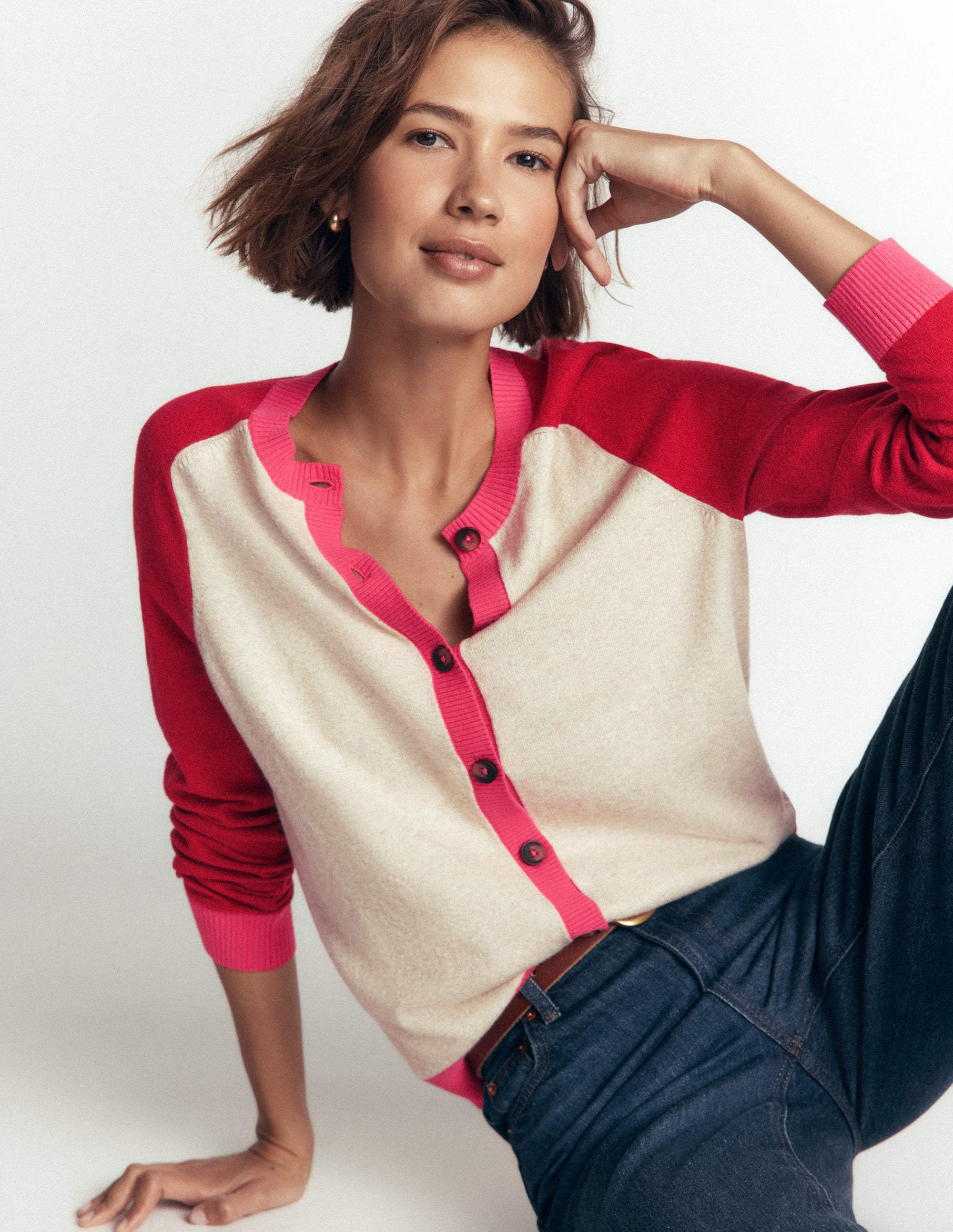 Meg Raglan Sleeve Cardigan-Pink, Ivory colour block - Image 1