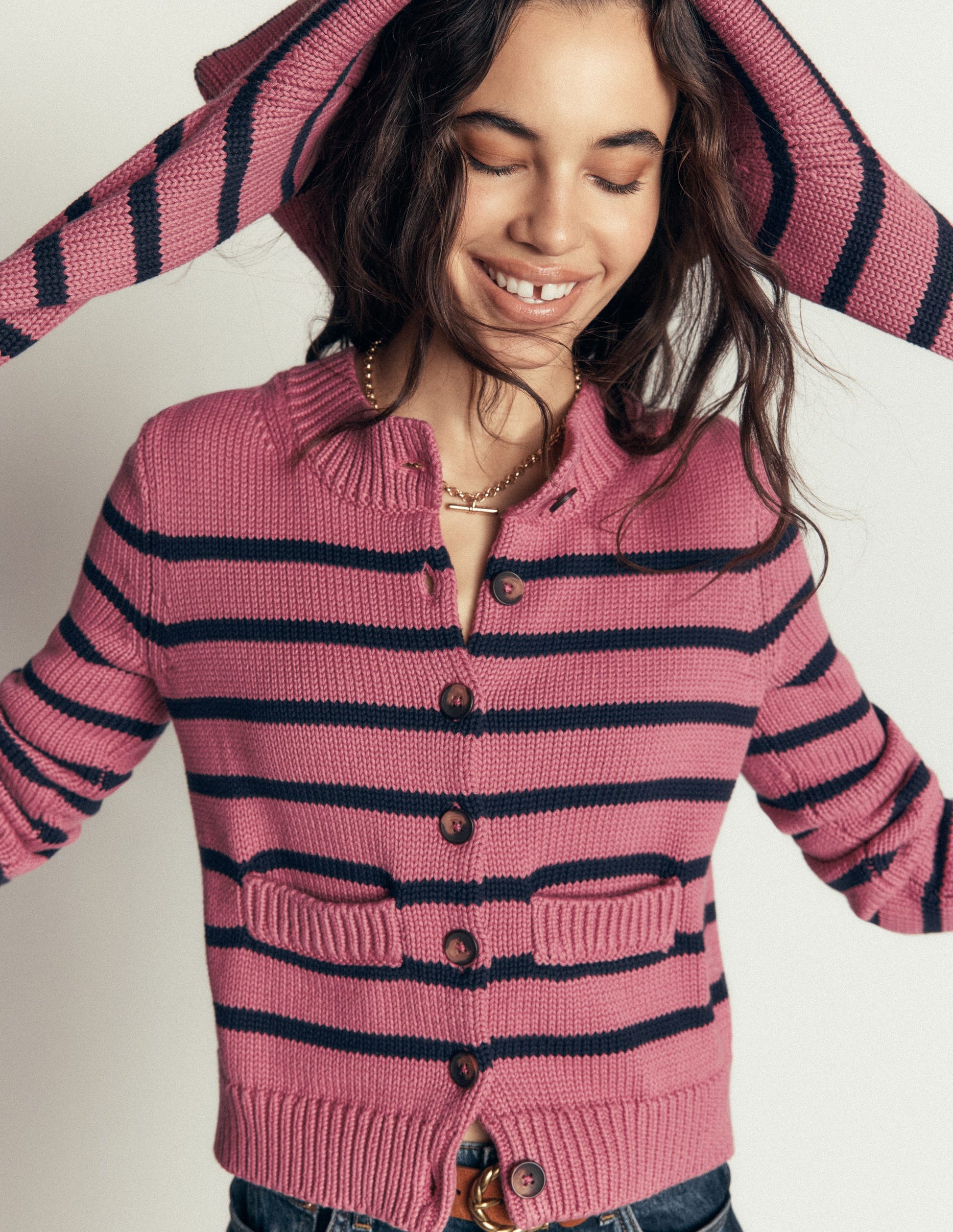 Lucy Chunky Cotton Cardigan-Pink Heather, Navy Stripe-1
