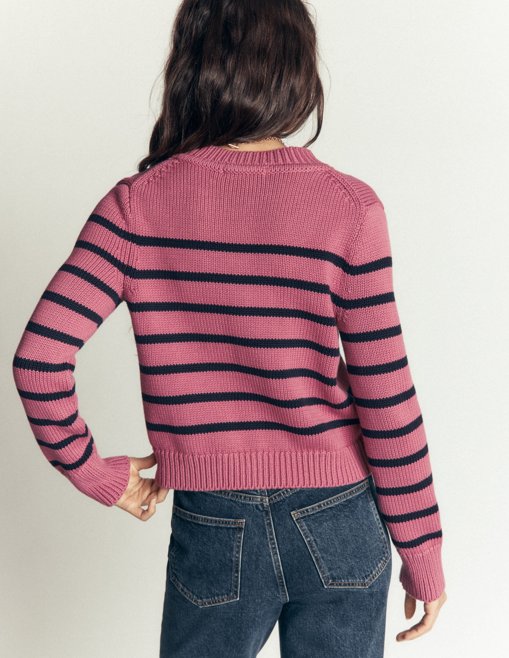 Lucy Chunky Cotton Cardigan-Pink Heather, Navy Stripe - Image 3