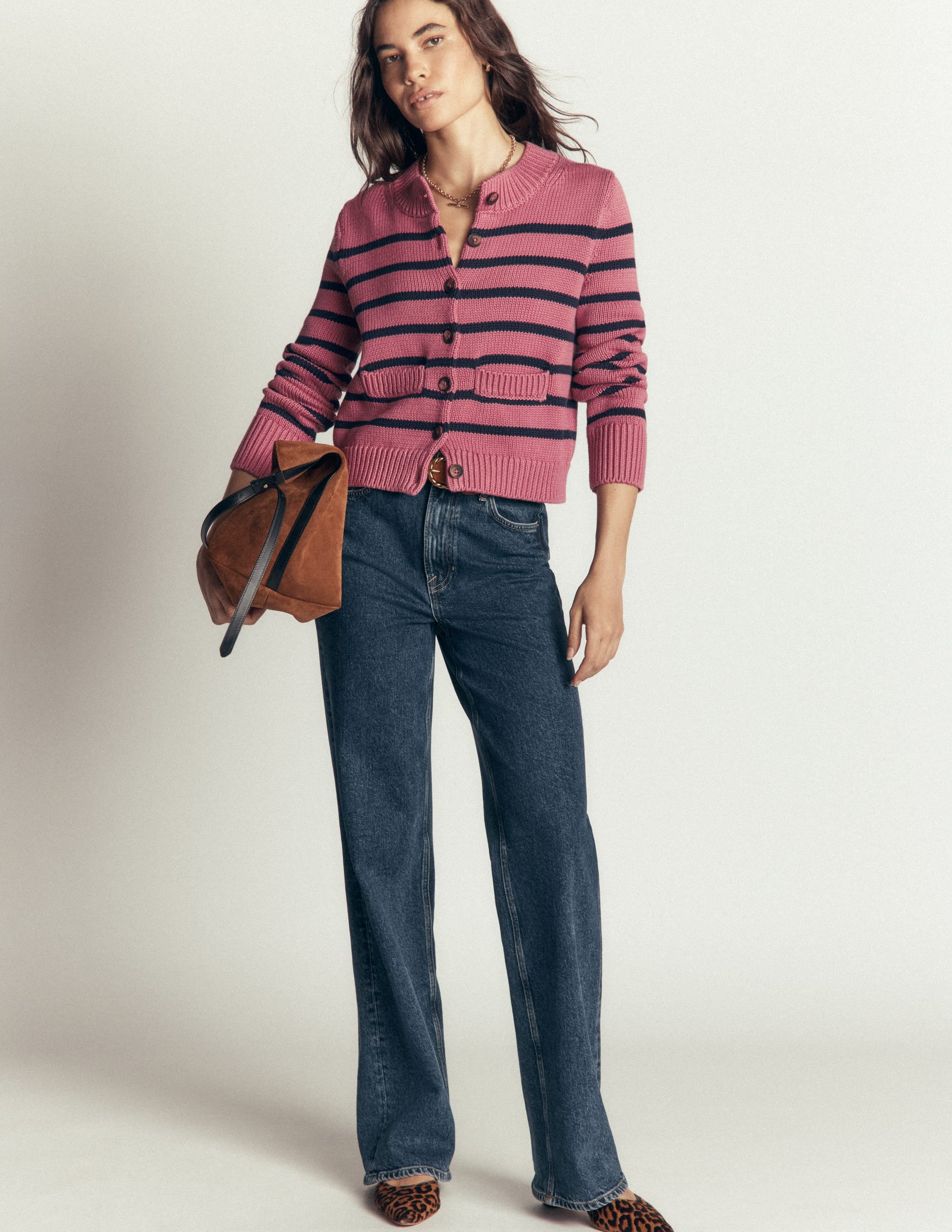 Lucy Chunky Cotton Cardigan-Pink Heather, Navy Stripe - Image 4