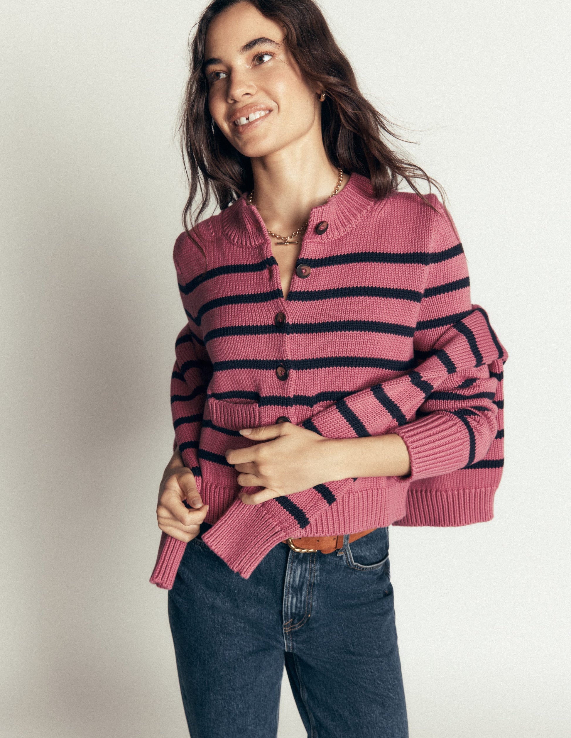 Lucy Chunky Cotton Cardigan-Pink Heather, Navy Stripe-5