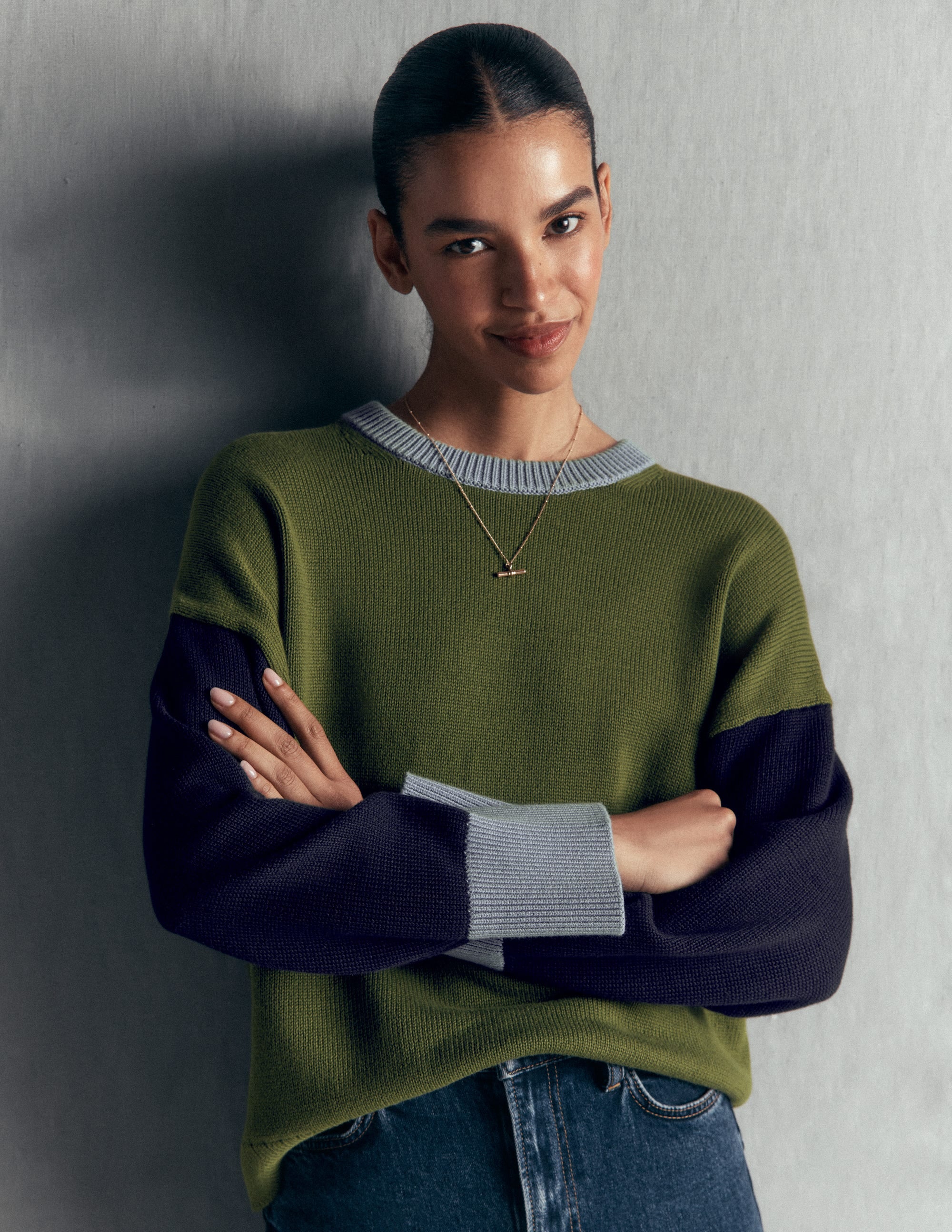 Lucy Relaxed Cotton Jumper-Green colour block - Image 1