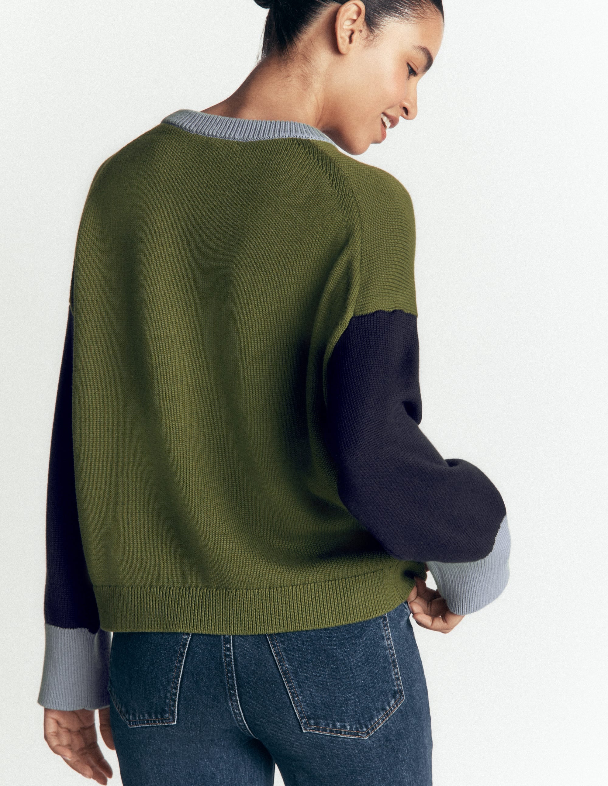 Lucy Relaxed Cotton Jumper-Green colour block - Image 3