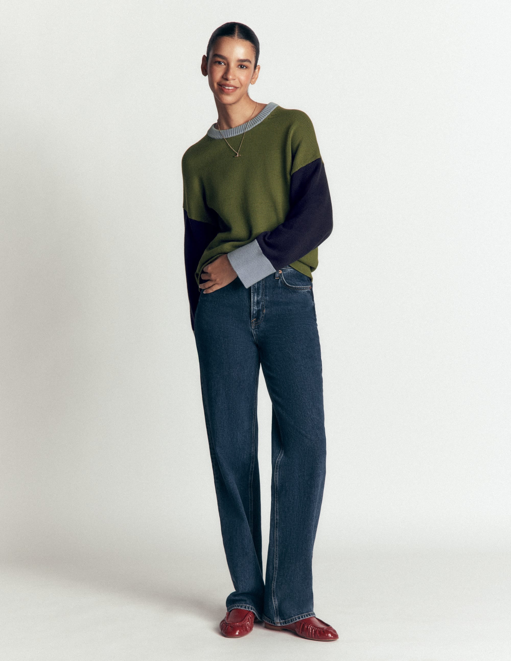 Lucy Relaxed Cotton Jumper-Green colour block - Image 4