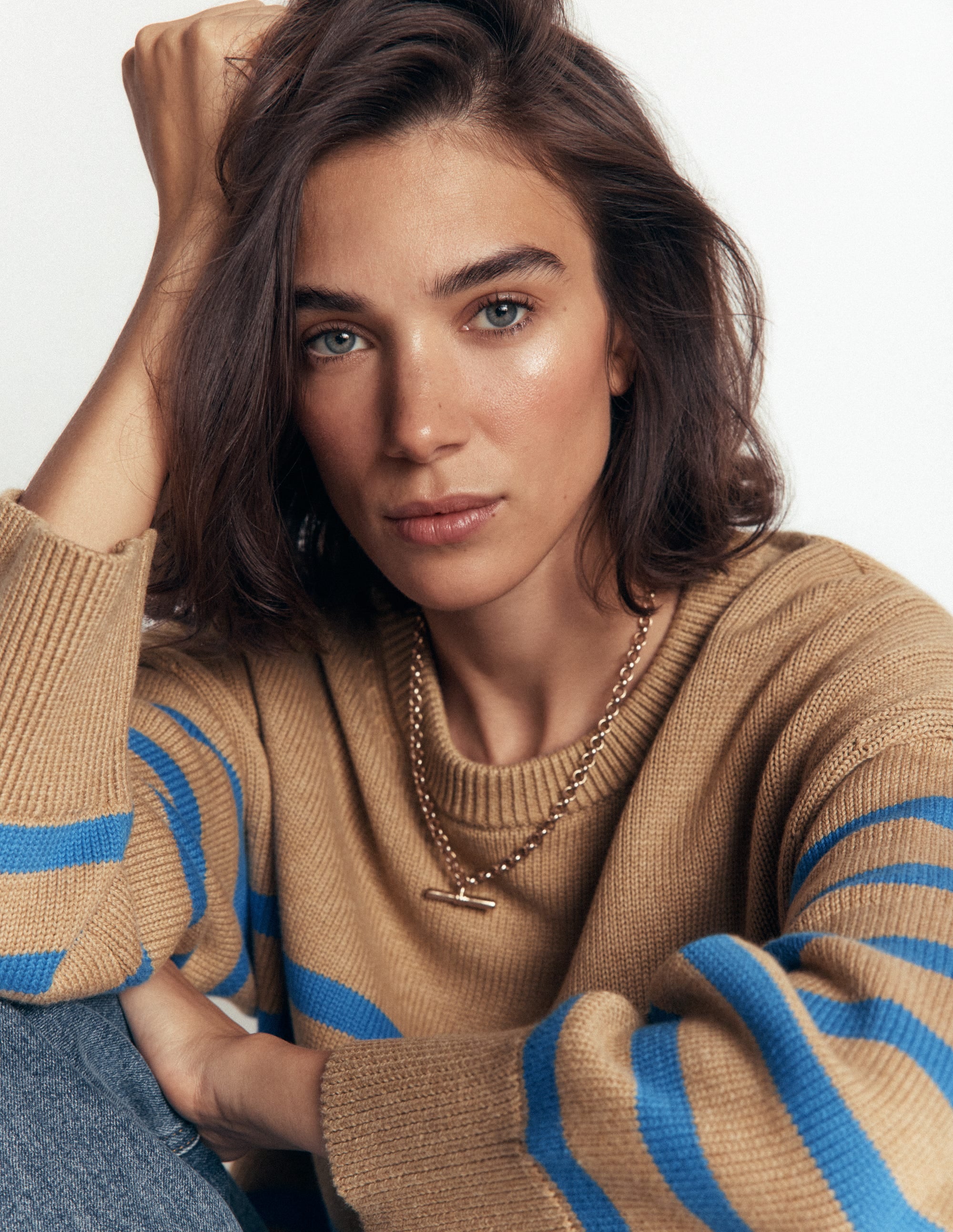 Lucy Relaxed Cotton Jumper-Camel, Blue Stripe - Image 2