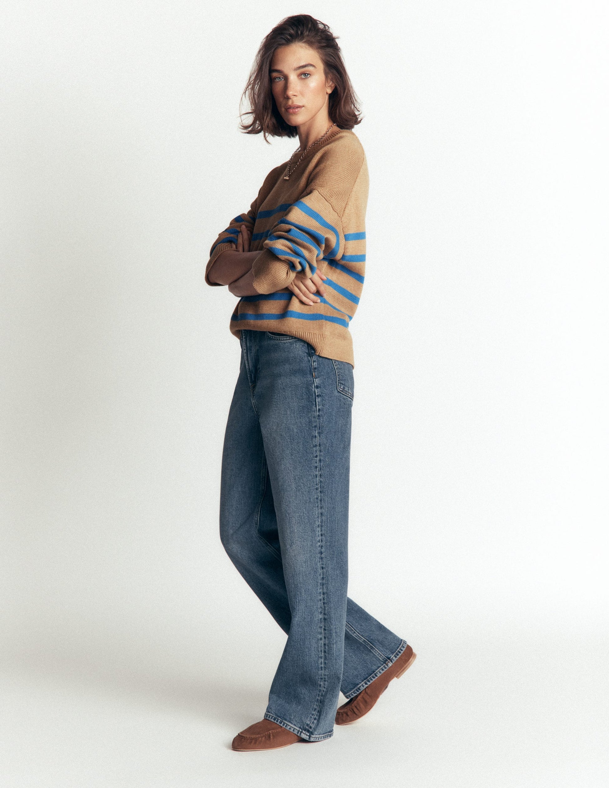 Lucy Relaxed Cotton Jumper-Camel, Blue Stripe-4