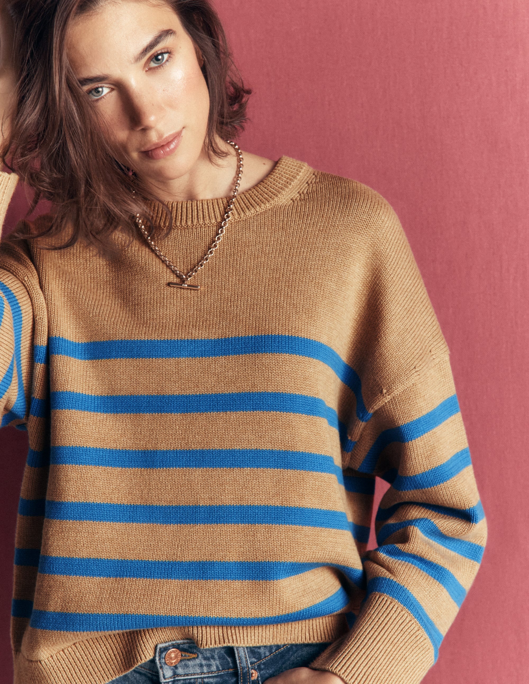 Lucy Relaxed Cotton Jumper-Camel, Blue Stripe - Image 5