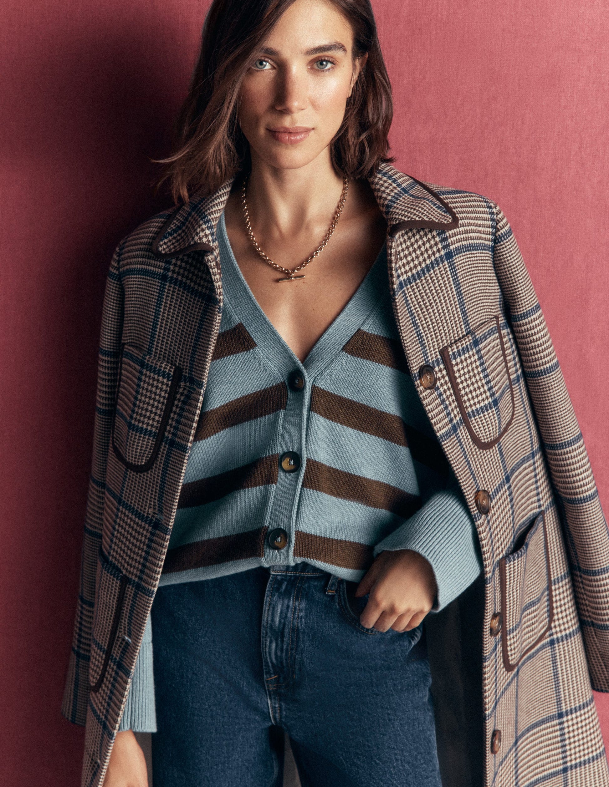 Lucy Relaxed Cotton Cardigan-Pavilion Blue, Brown Stripe-6