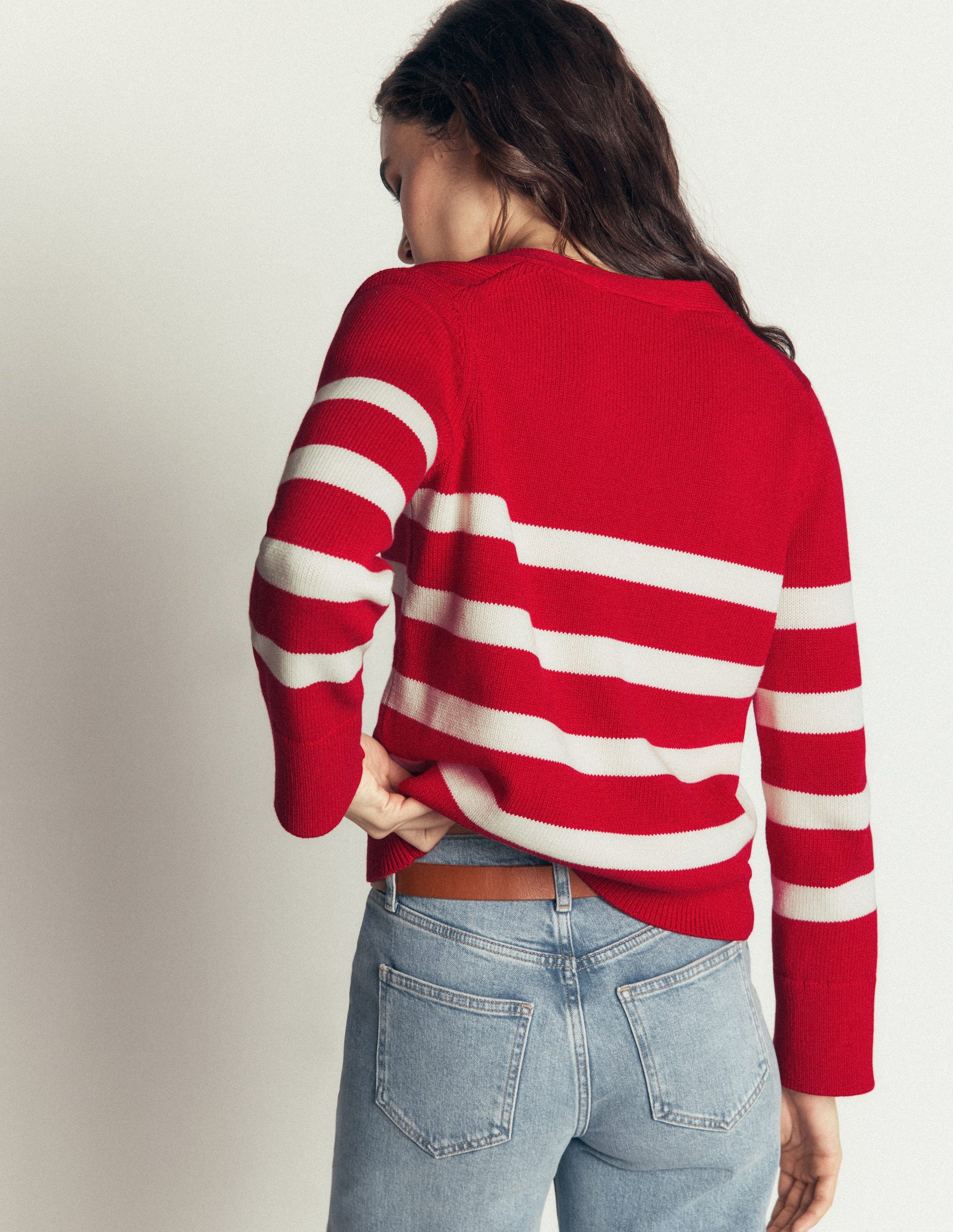 Lucy Relaxed Cotton Cardigan-Deep Red, Ivory Stripe-3