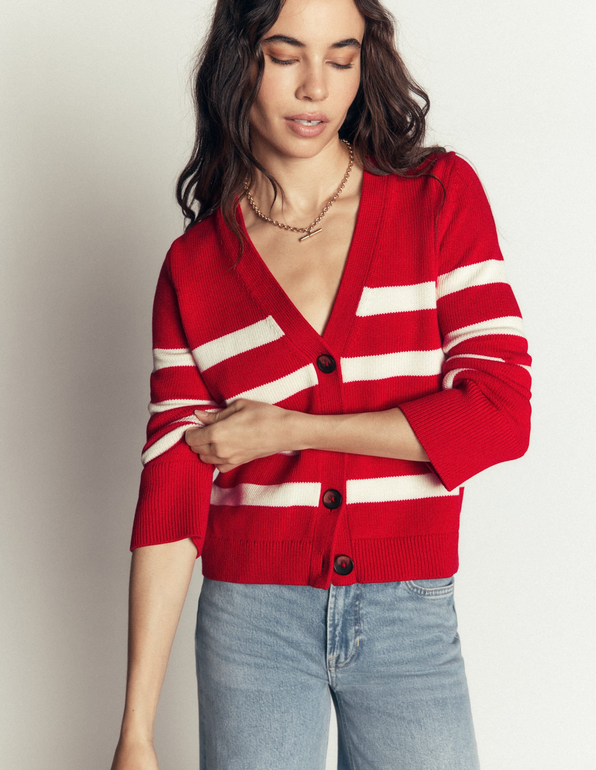 Lucy Relaxed Cotton Cardigan-Deep Red, Ivory Stripe - Image 5