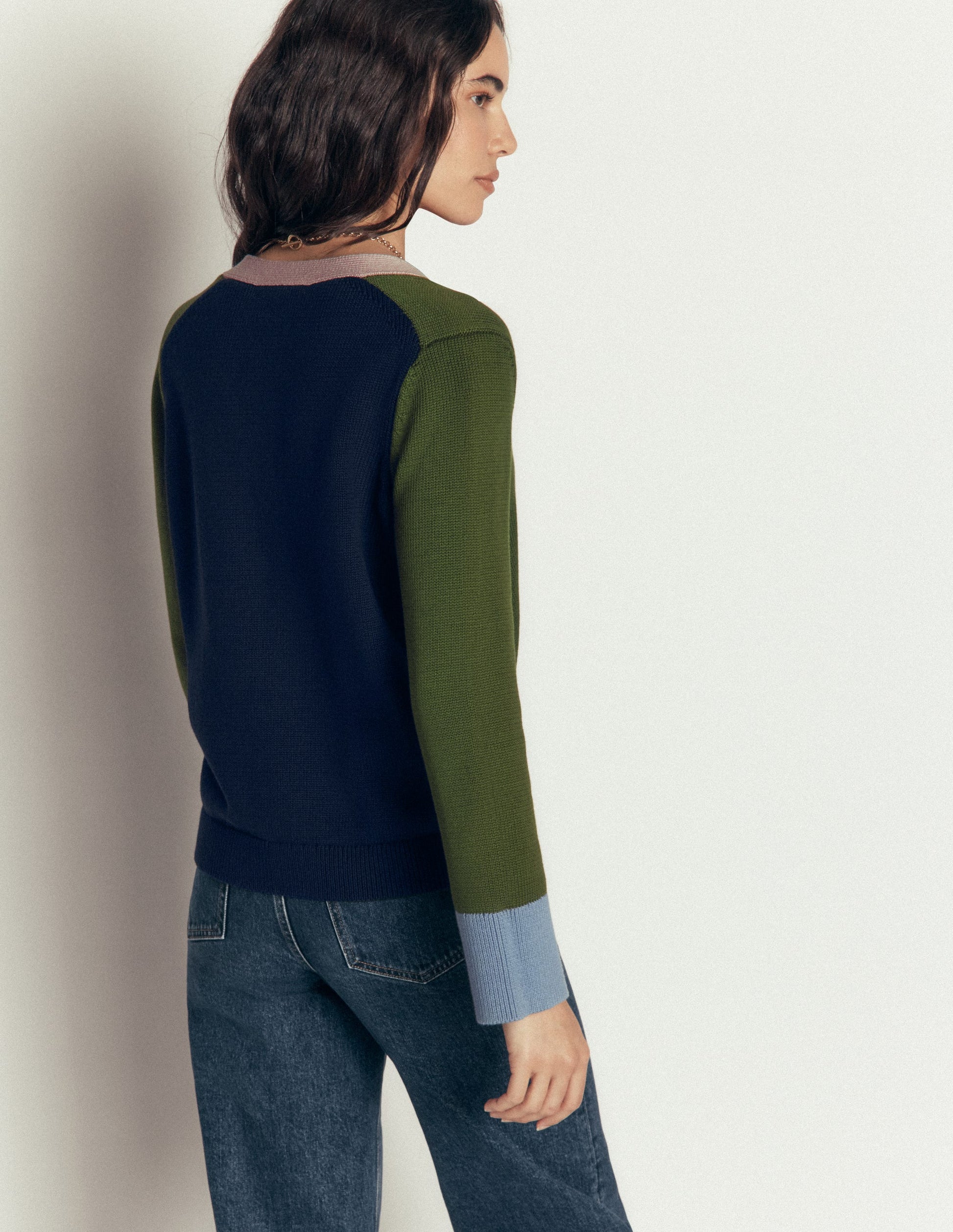 Lucy Relaxed Cotton Cardigan-Forest Green Colour Block-3