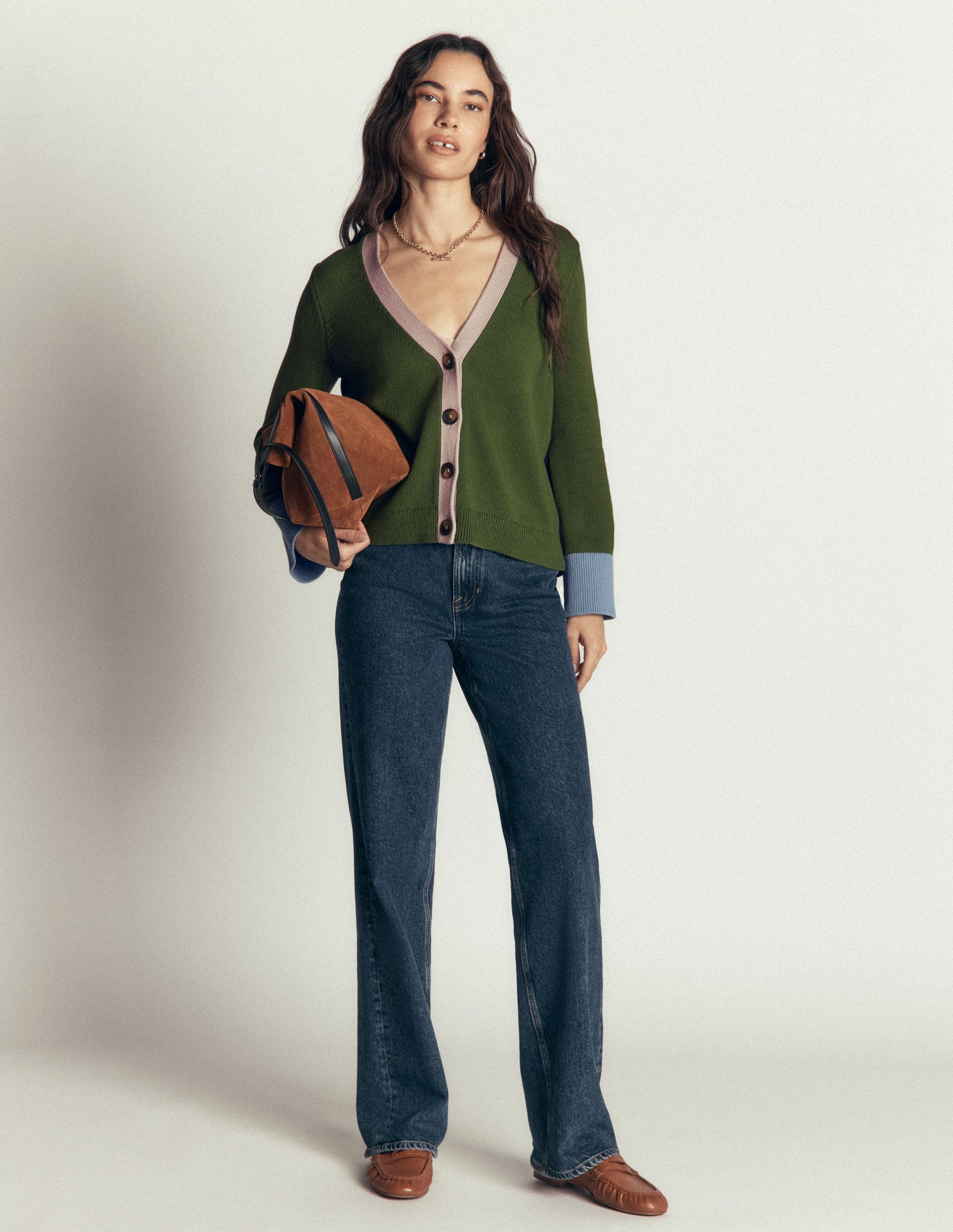 Lucy Relaxed Cotton Cardigan-Forest Green Colour Block-4