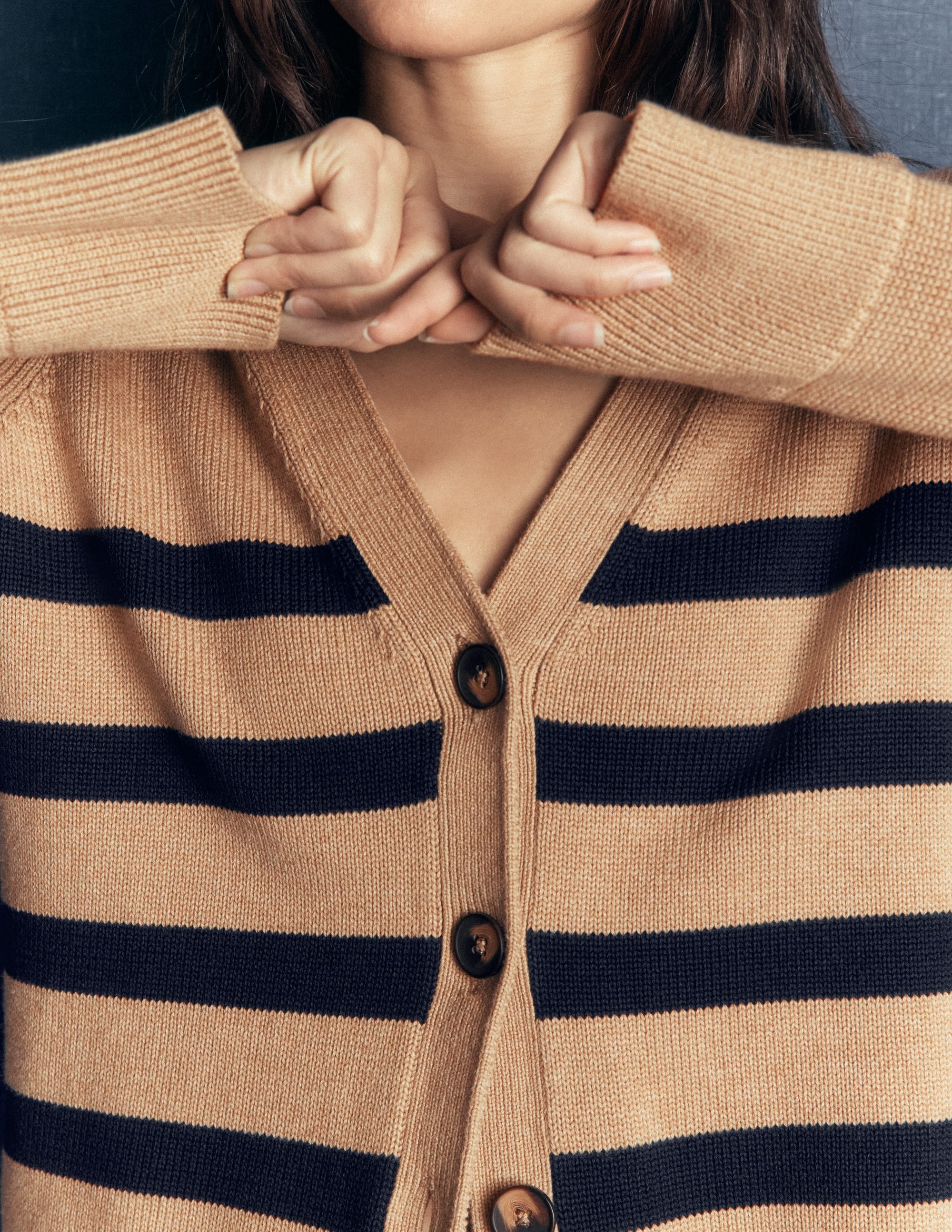 Lucy Relaxed Cotton Cardigan-Camel Melange, Stripe - Image 2