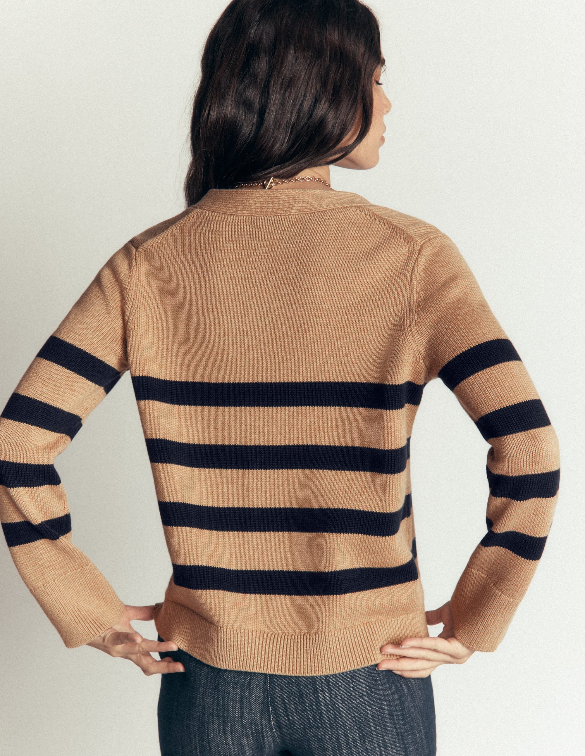 Lucy Relaxed Cotton Cardigan-Camel Melange, Stripe - Image 3