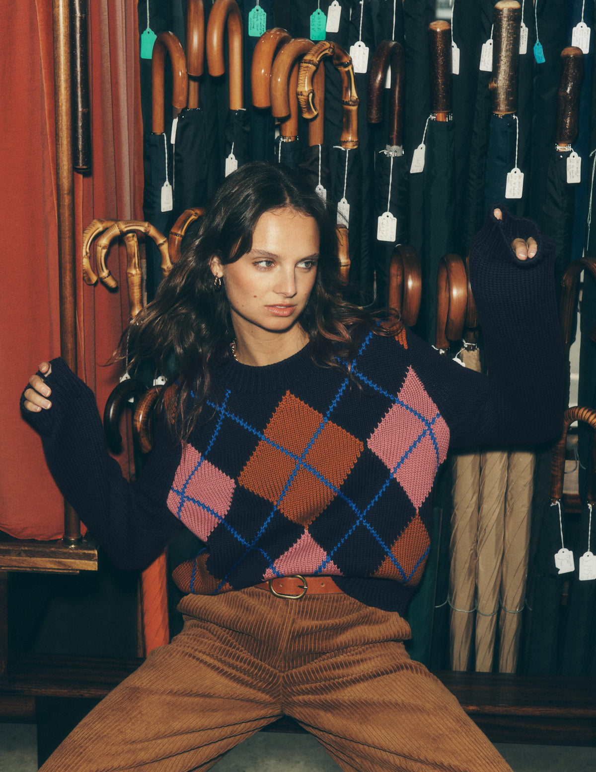 Lucy Chunky Cotton Jumper-navy, pink and brown argyle-1