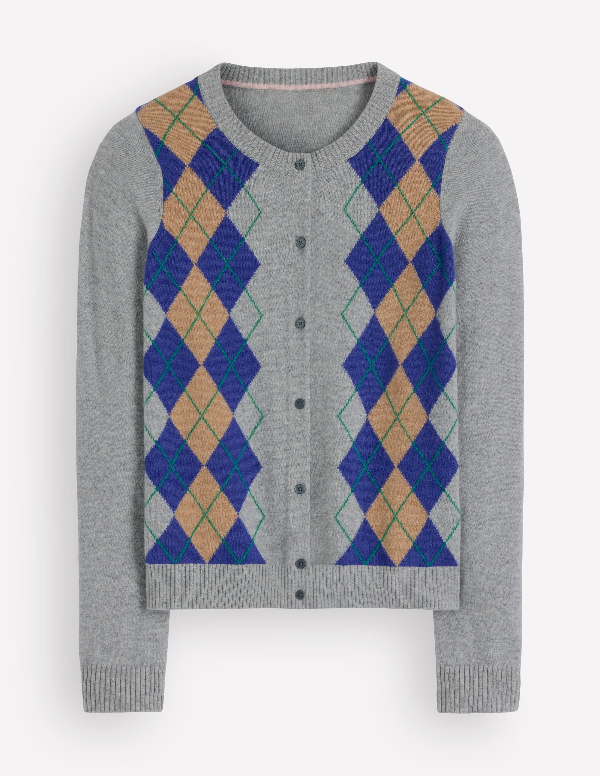 Elsie Cashmere Crew Cardigan-Grey Argyle - Image 6