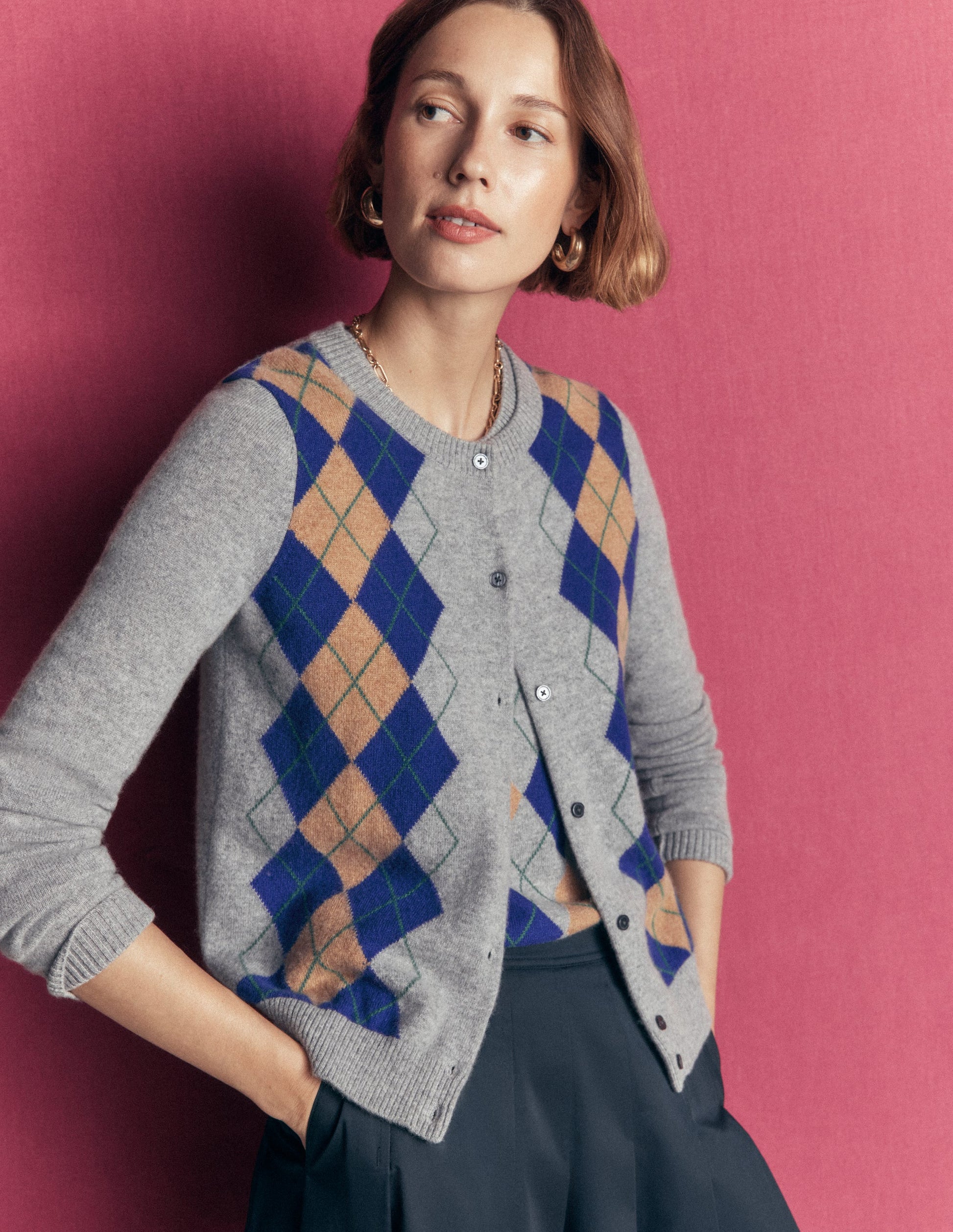 Elsie Cashmere Crew Cardigan-Grey Argyle-1