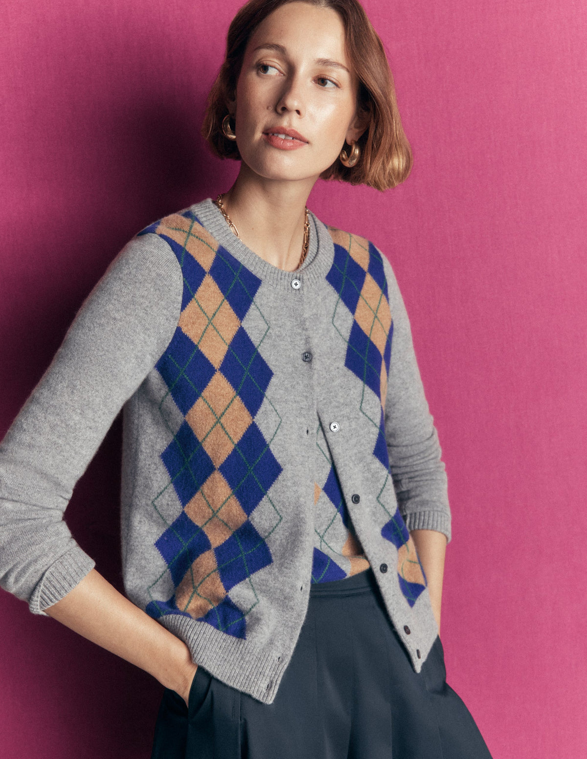 Elsie Cashmere Crew Cardigan-Grey Argyle-1