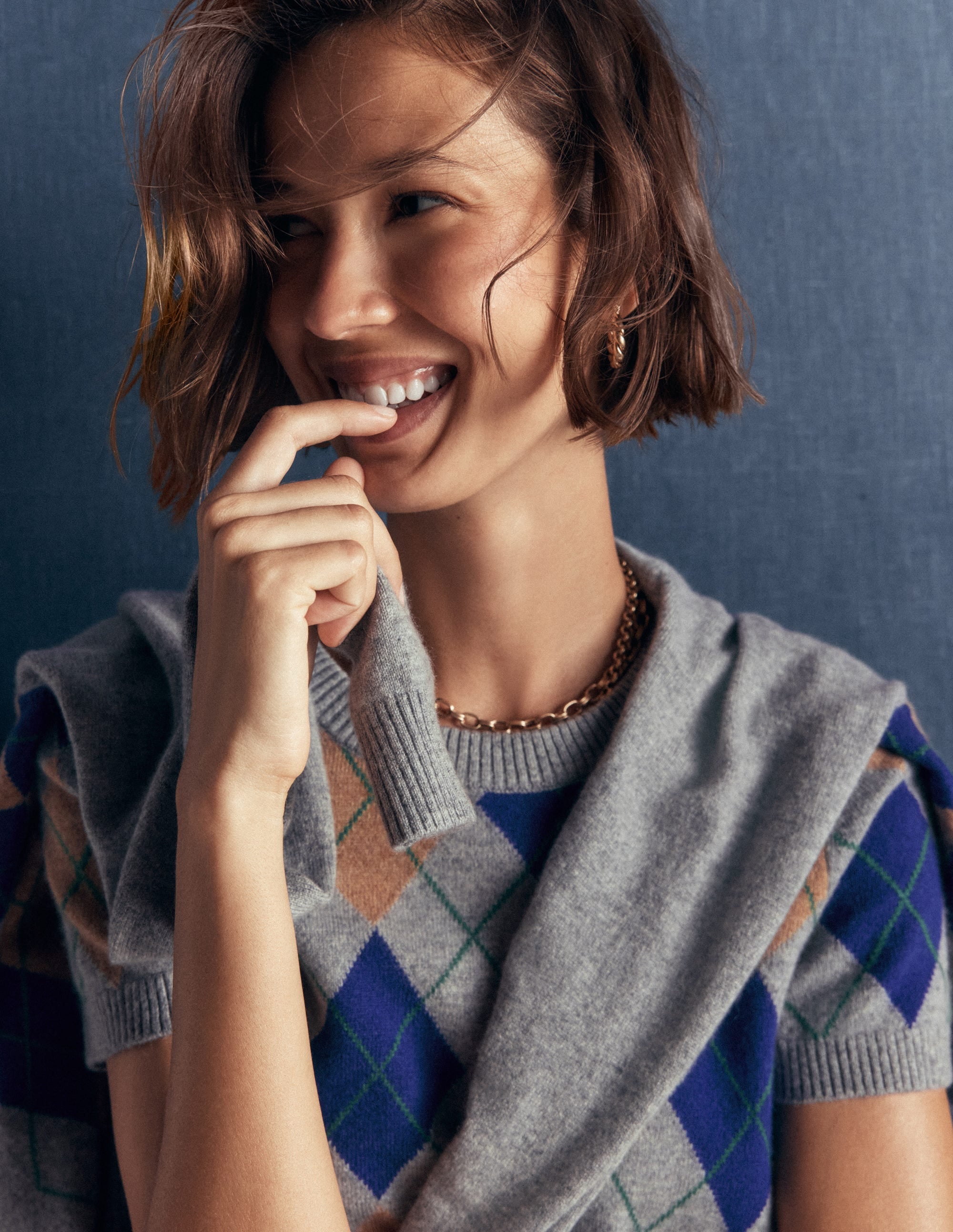Elsie Cashmere Crew Cardigan-Grey Argyle - Image 8