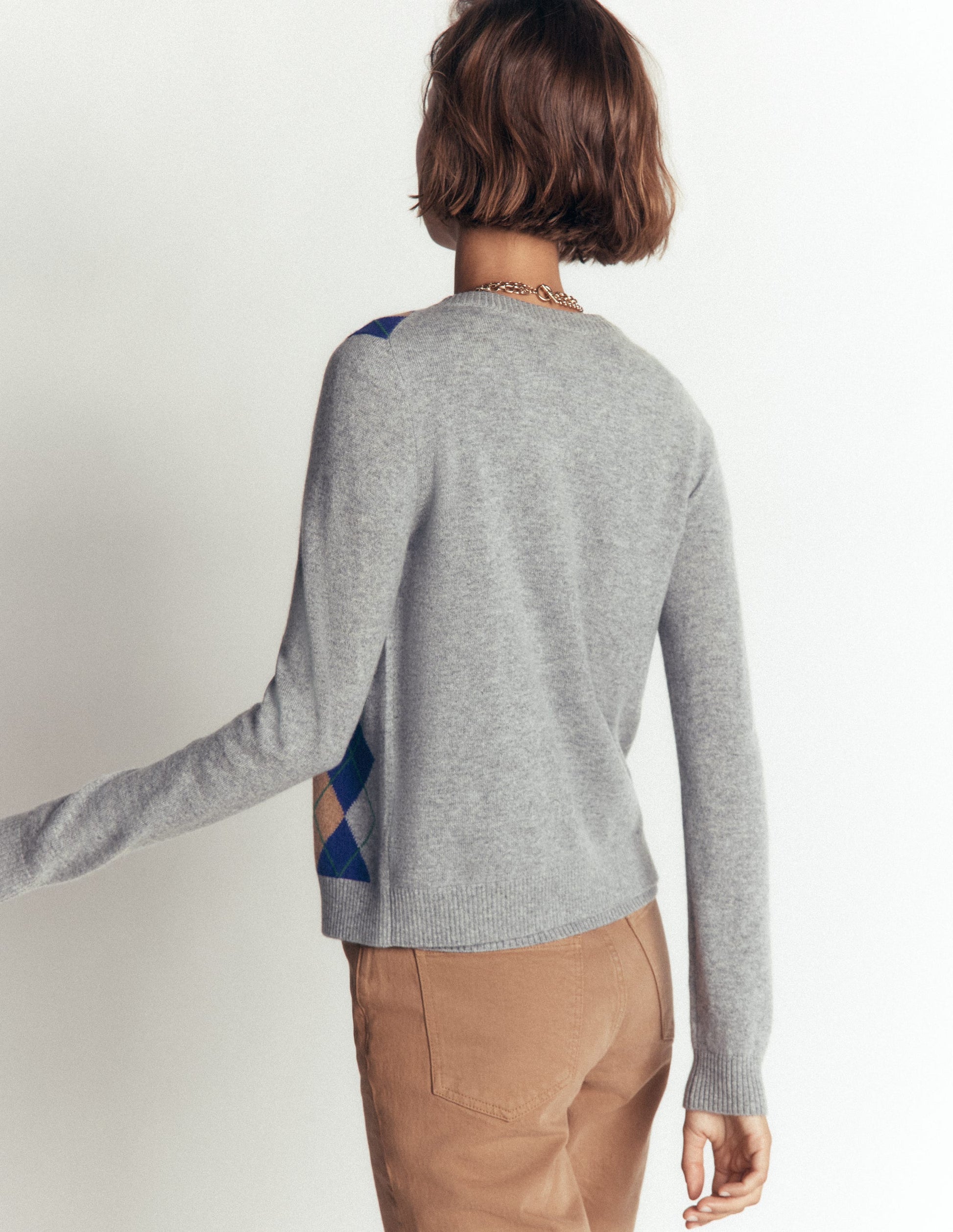 Elsie Cashmere Crew Cardigan-Grey Argyle-2