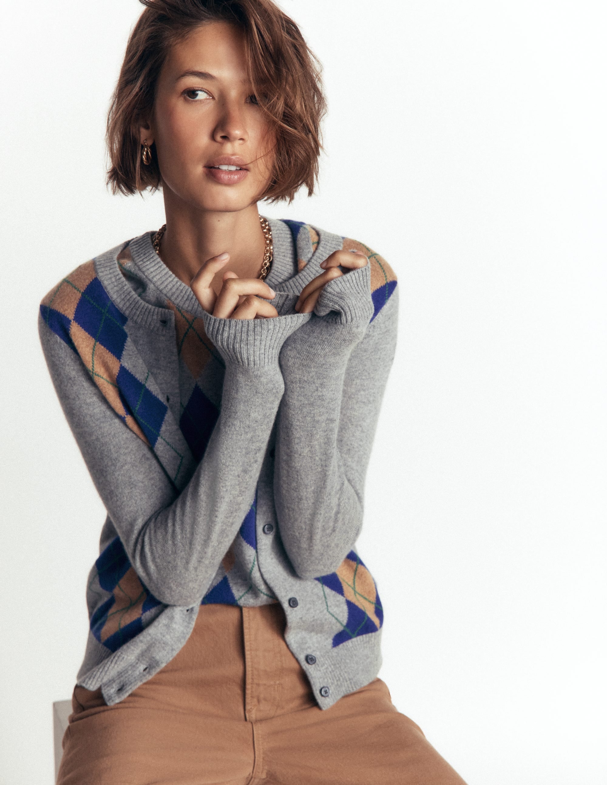 Elsie Cashmere Crew Cardigan-Grey Argyle - Image 3