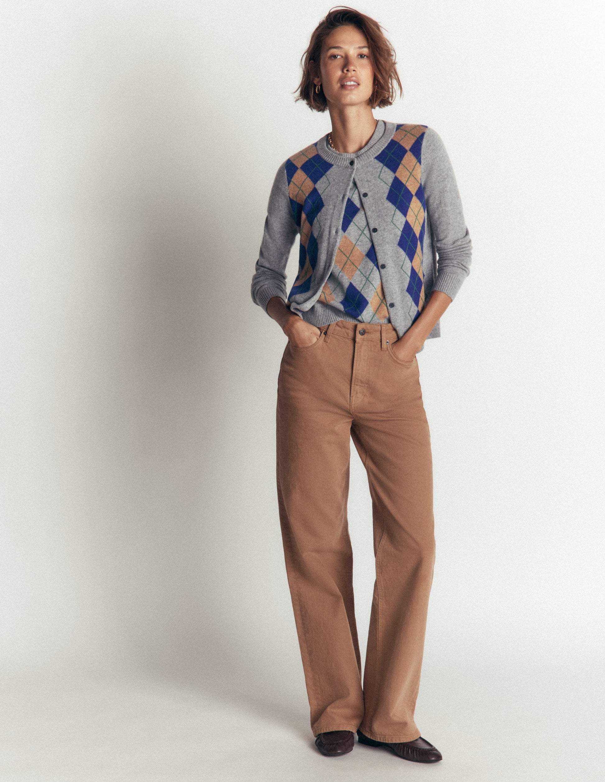 Elsie Cashmere Crew Cardigan-Grey Argyle-4