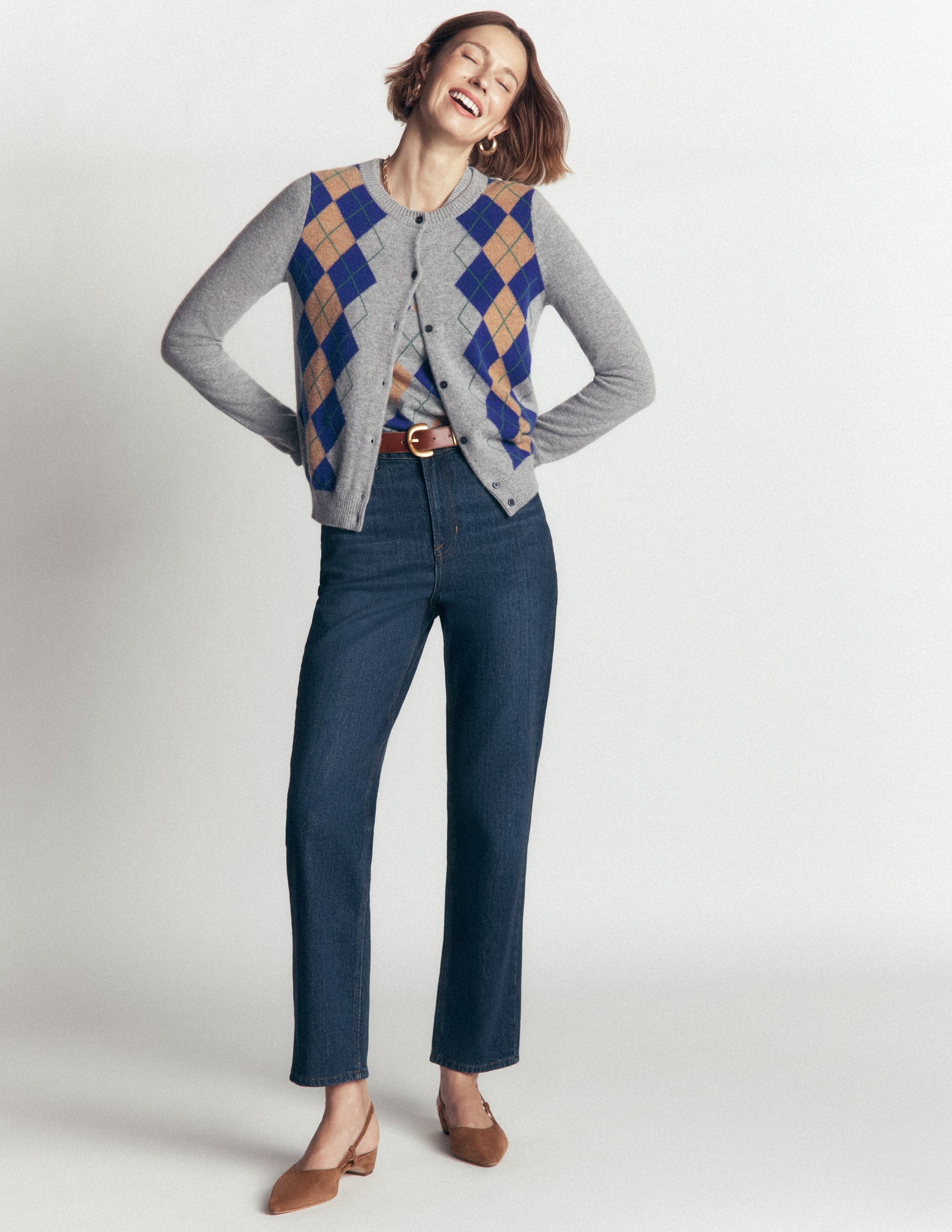 Elsie Cashmere Crew Cardigan-Grey Argyle-5