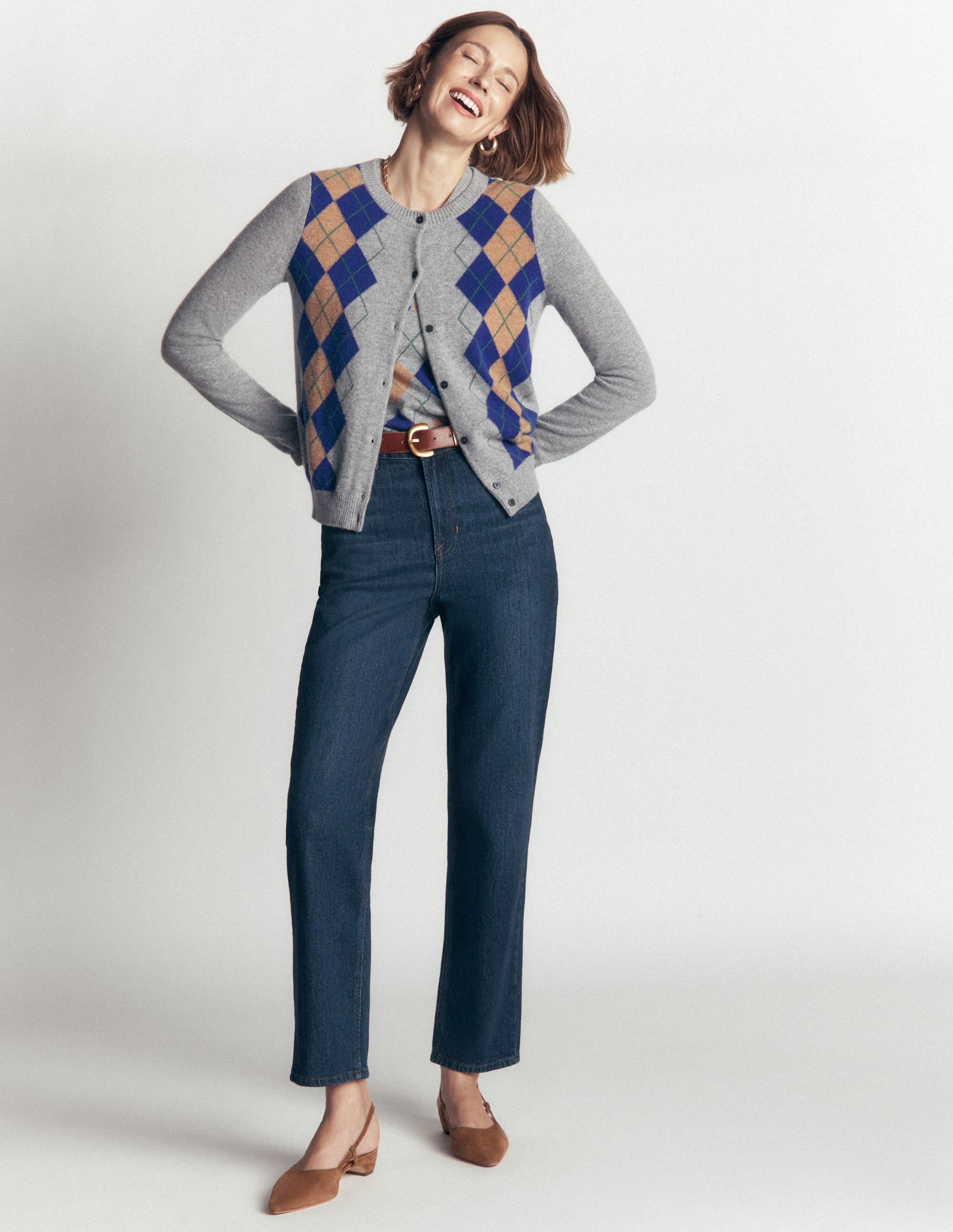 Elsie Cashmere Crew Cardigan-Grey Argyle - Image 5