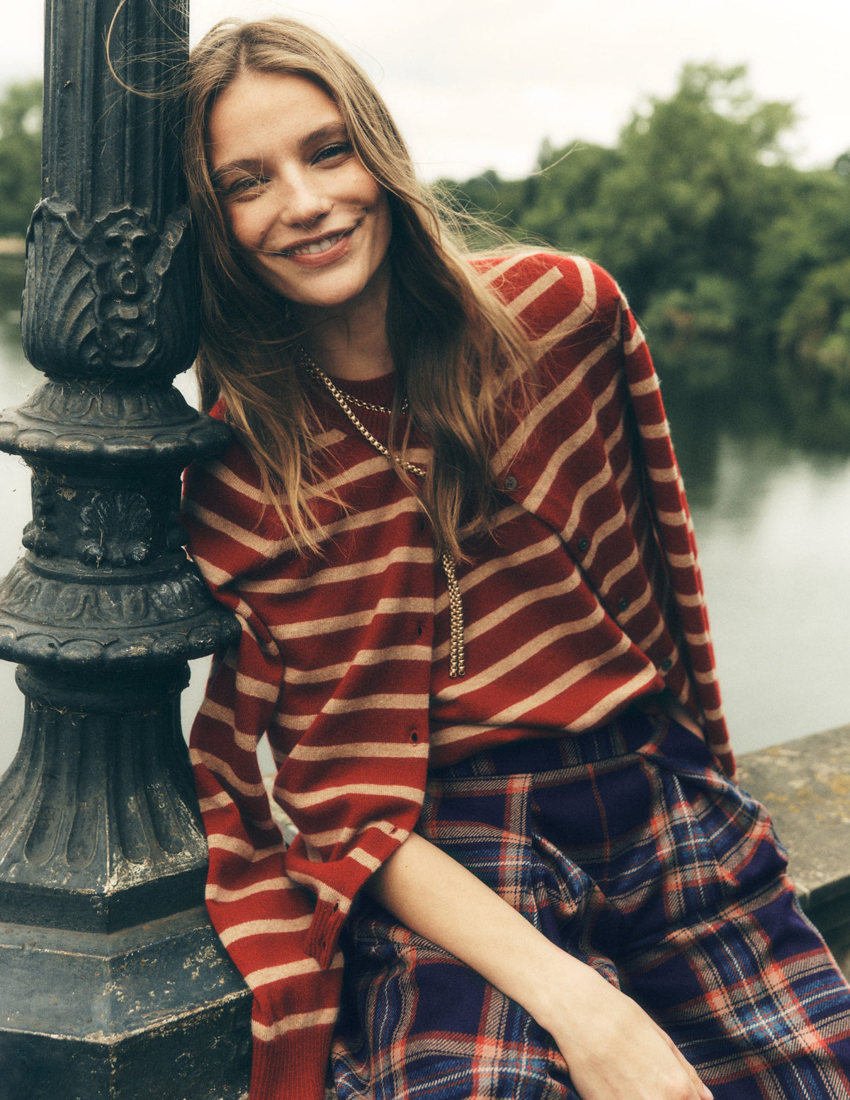 Elsie Cashmere Crew Cardigan-Poppy Red, Camel Stripe - Image 1
