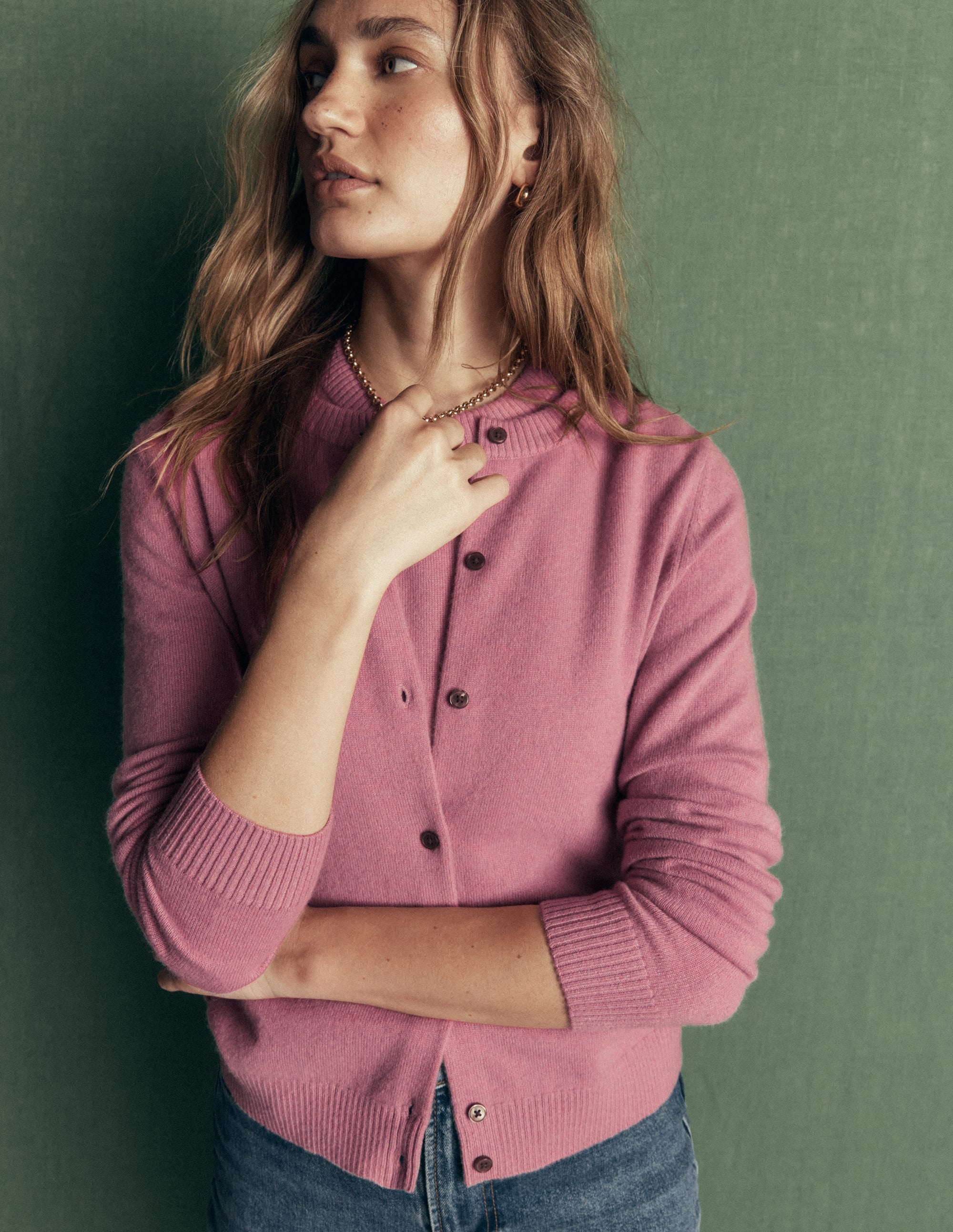 Elsie Cashmere Crew Cardigan-Pink Heather - Image 1