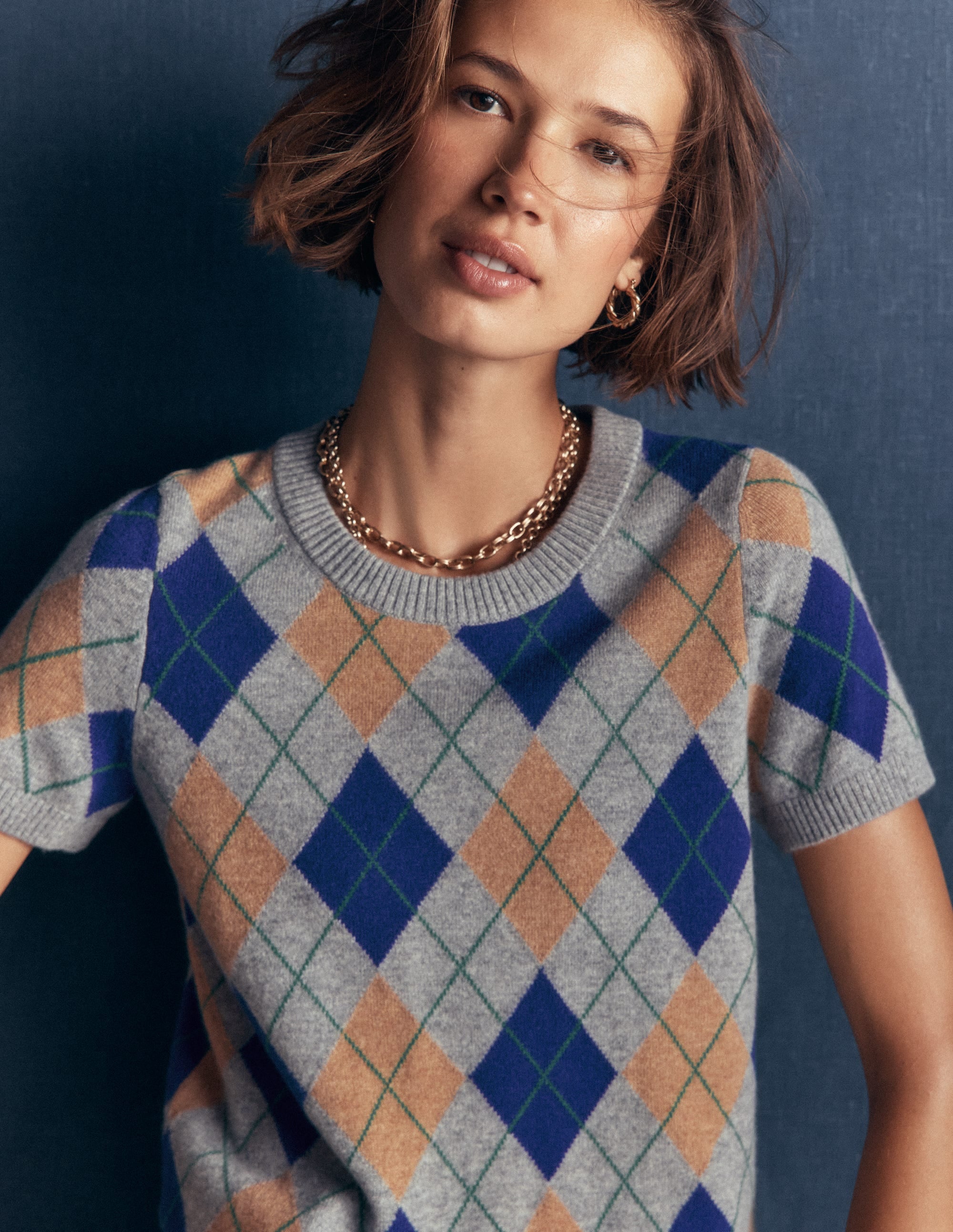 Elsie Cashmere Crew T-shirt-Grey, Argyle - Image 2