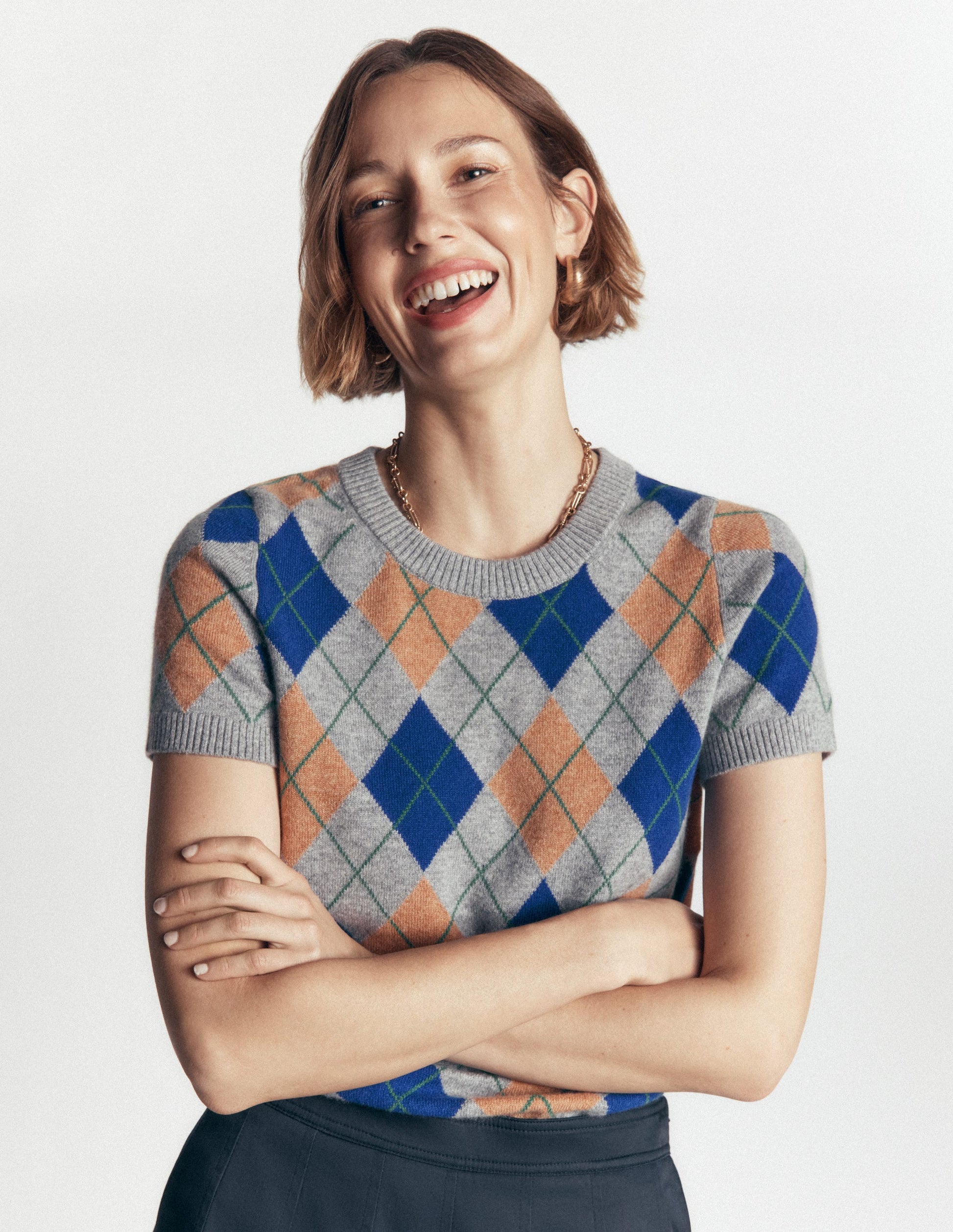 Elsie Cashmere Crew T-shirt-Grey, Argyle-6