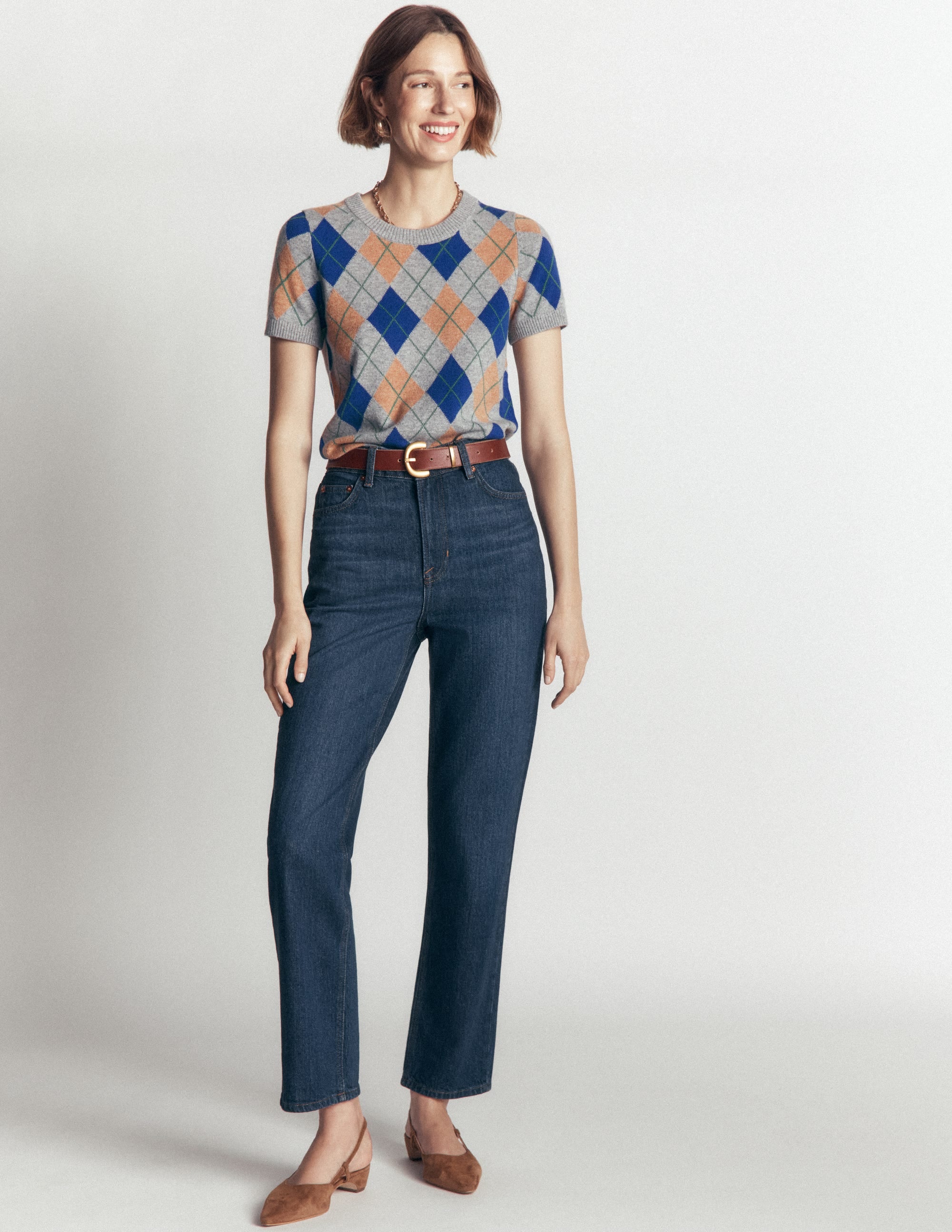 Elsie Cashmere Crew T-shirt-Grey, Argyle - Image 7