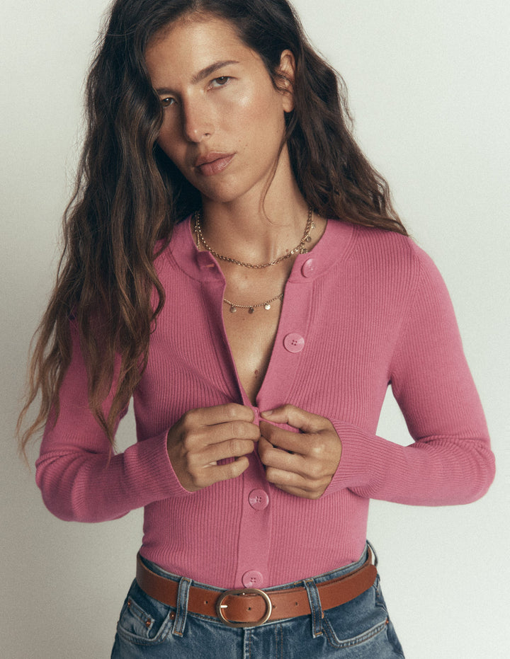 Rhianne Cotton Rib Cardigan-Piink Heather