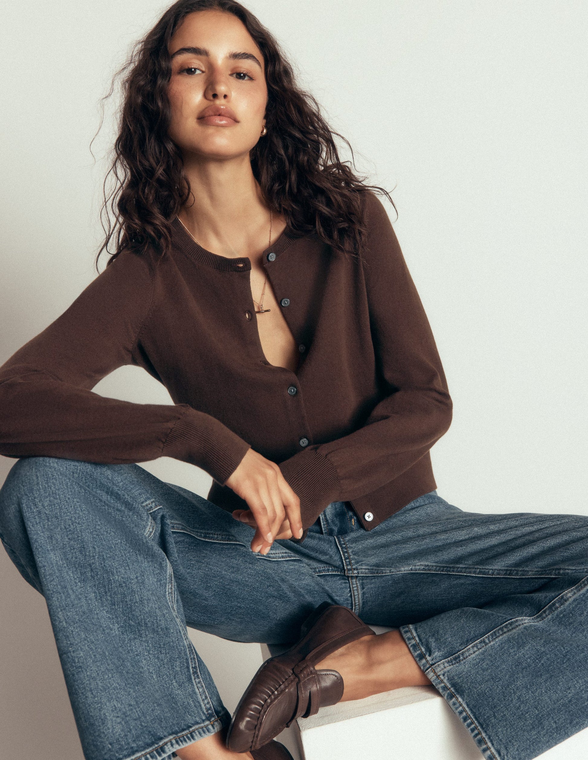 Camilla Cotton Crew Cardigan-Bitter Chocolate-1