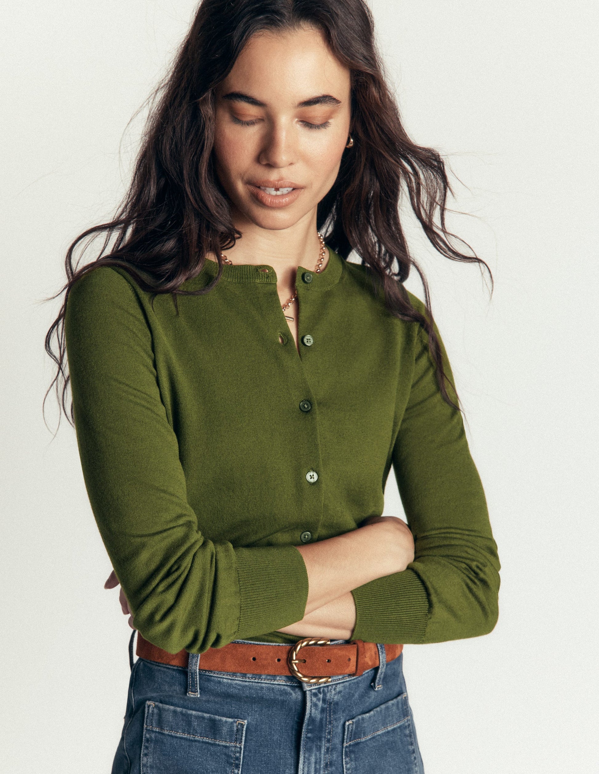 Camilla Cotton Crew Cardigan-Forest Green-5