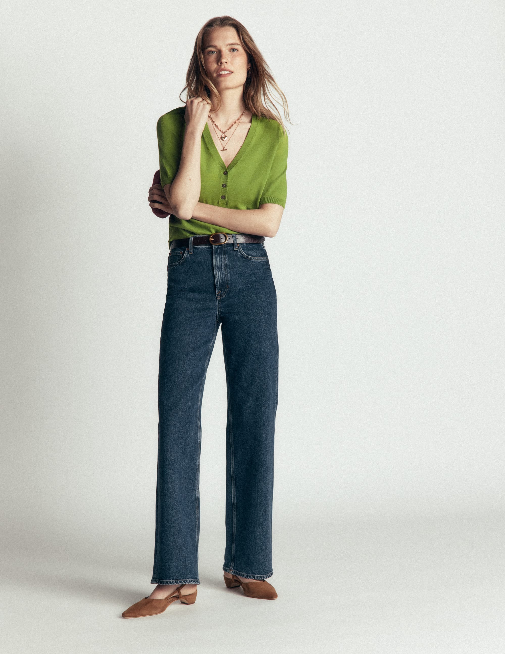 Camilla Cotton V-neck T-shirt-Laurel Green - Image 3