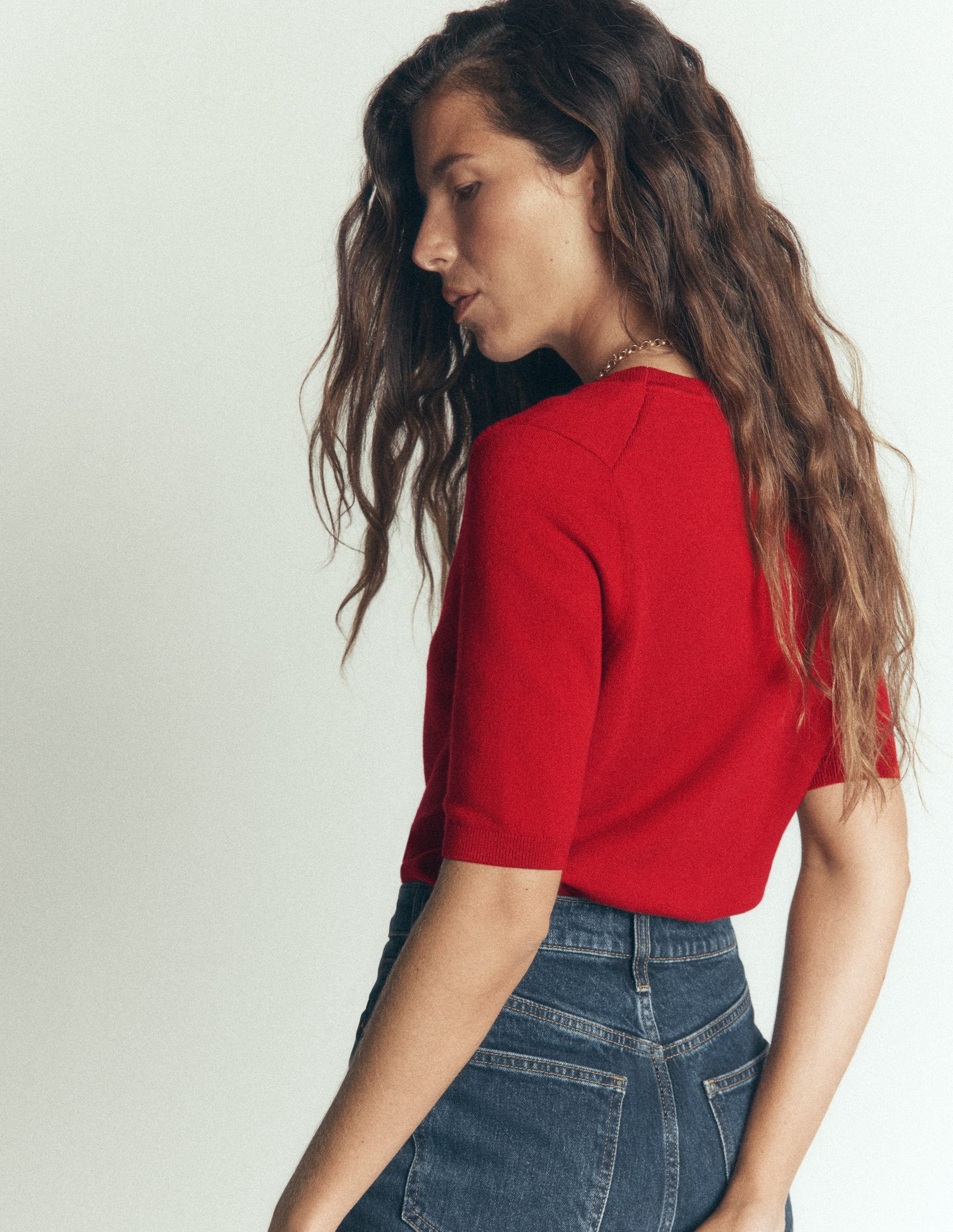 Camilla Cotton V-neck T-shirt-Crimson Red-3
