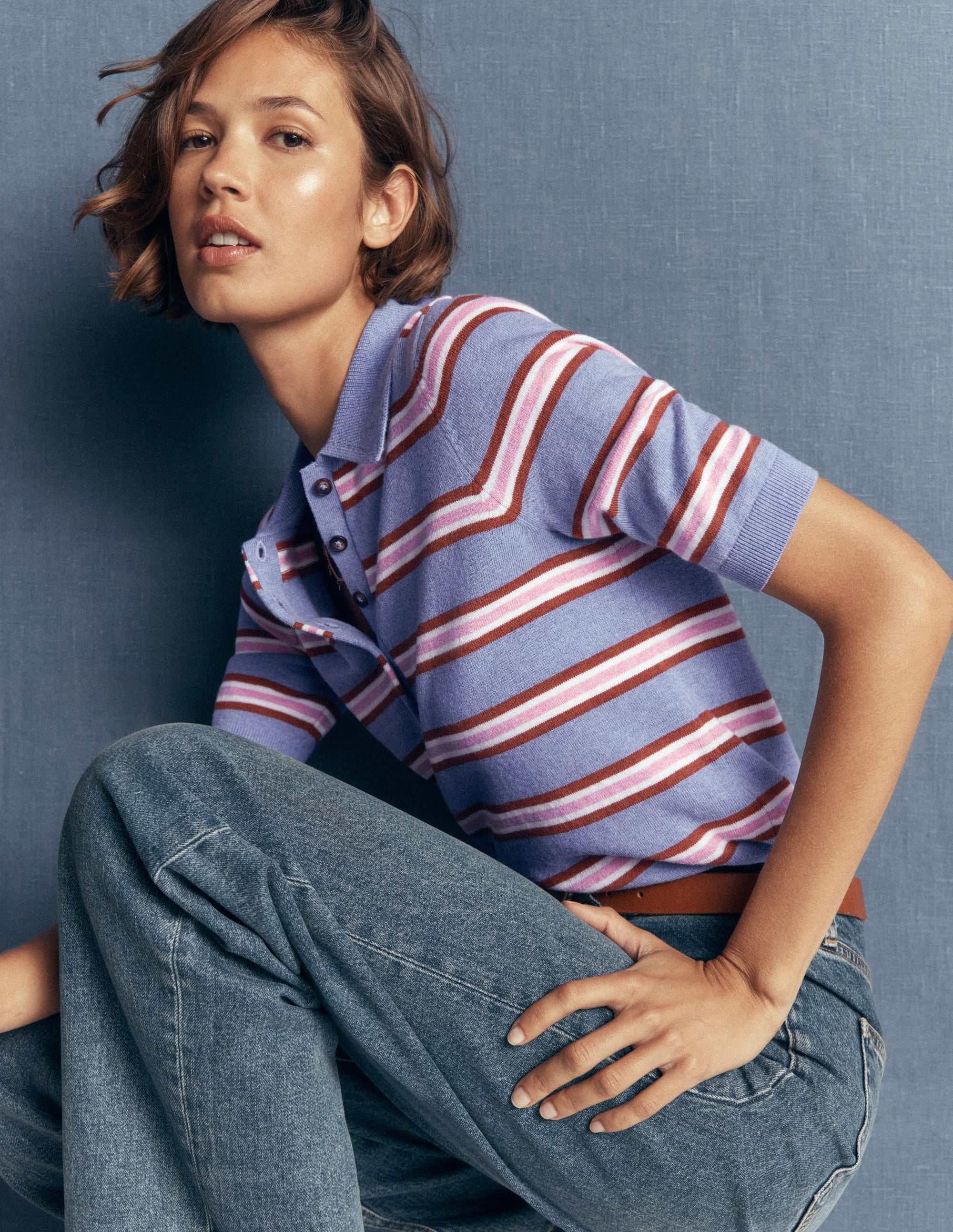 Collared Knitted T-shirt-Blue Aura, Stripe - Image 1