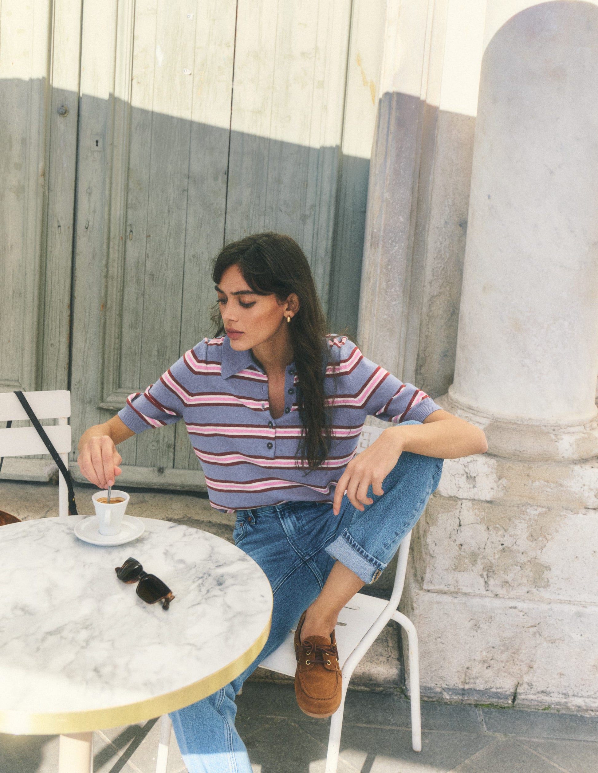 Collared Knitted T-shirt-Blue Aura, Stripe-6