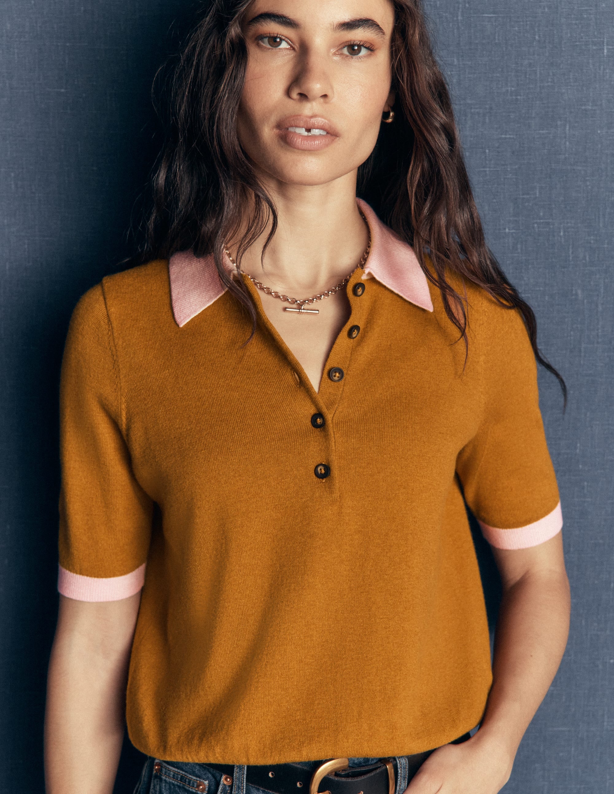 Collared Knitted T-shirt-Toffee Brown - Image 1