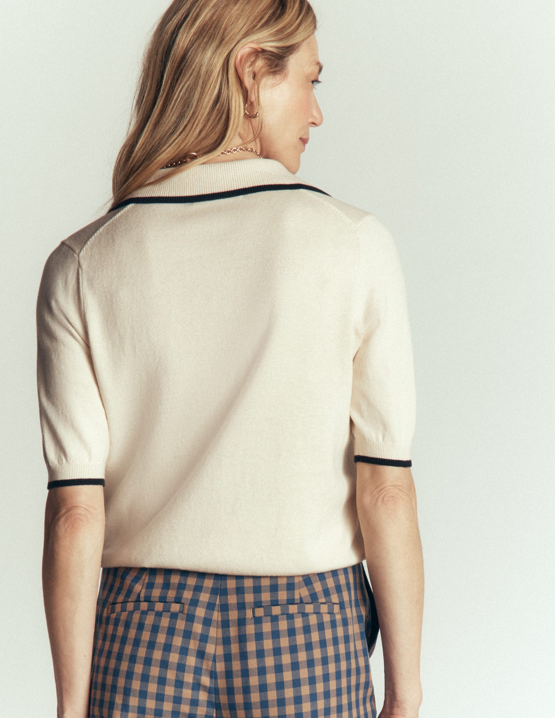 Collared Knitted T-shirt-Ivory, Navy-3