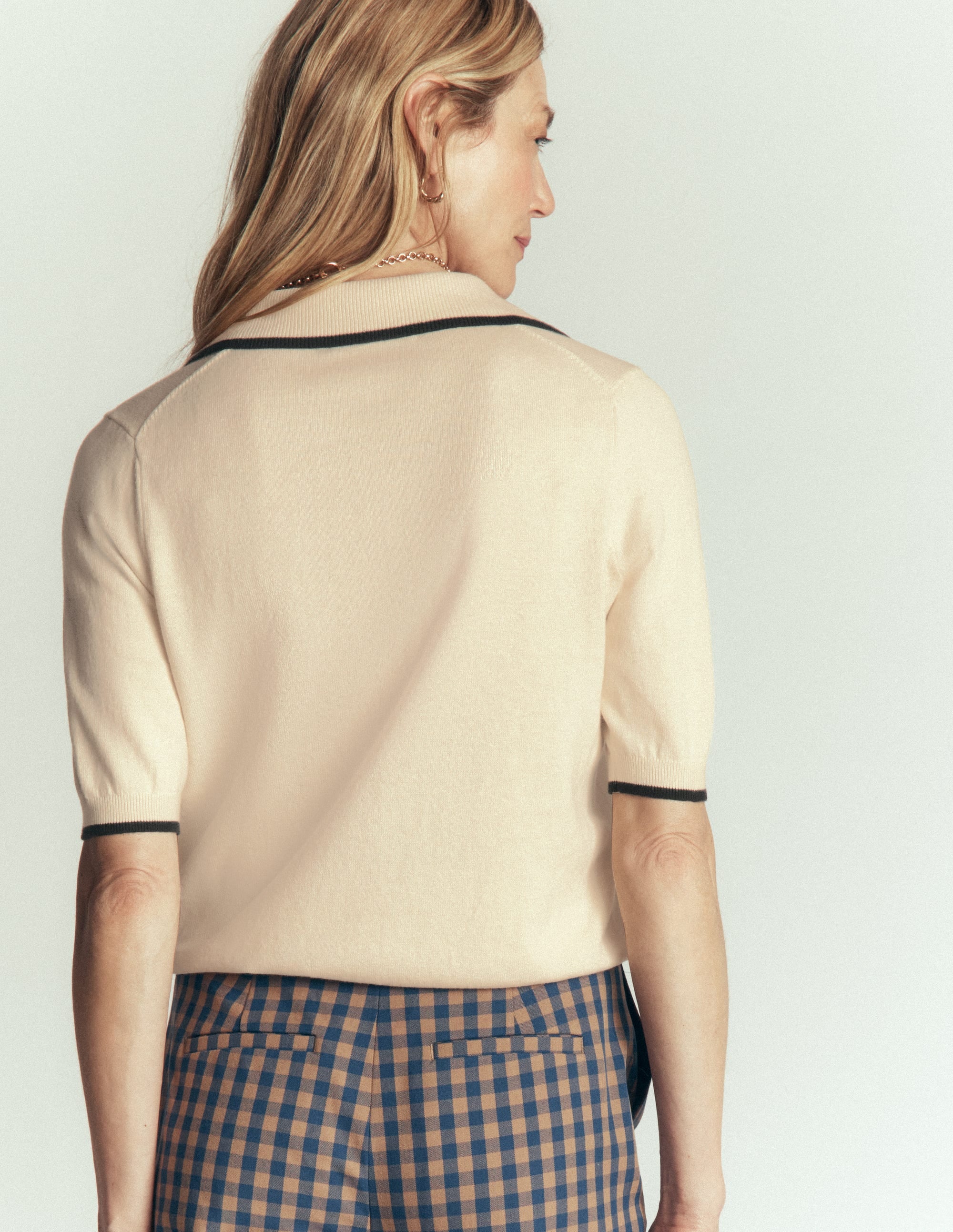 Collared Knitted T-shirt-Ivory, Navy - Image 3