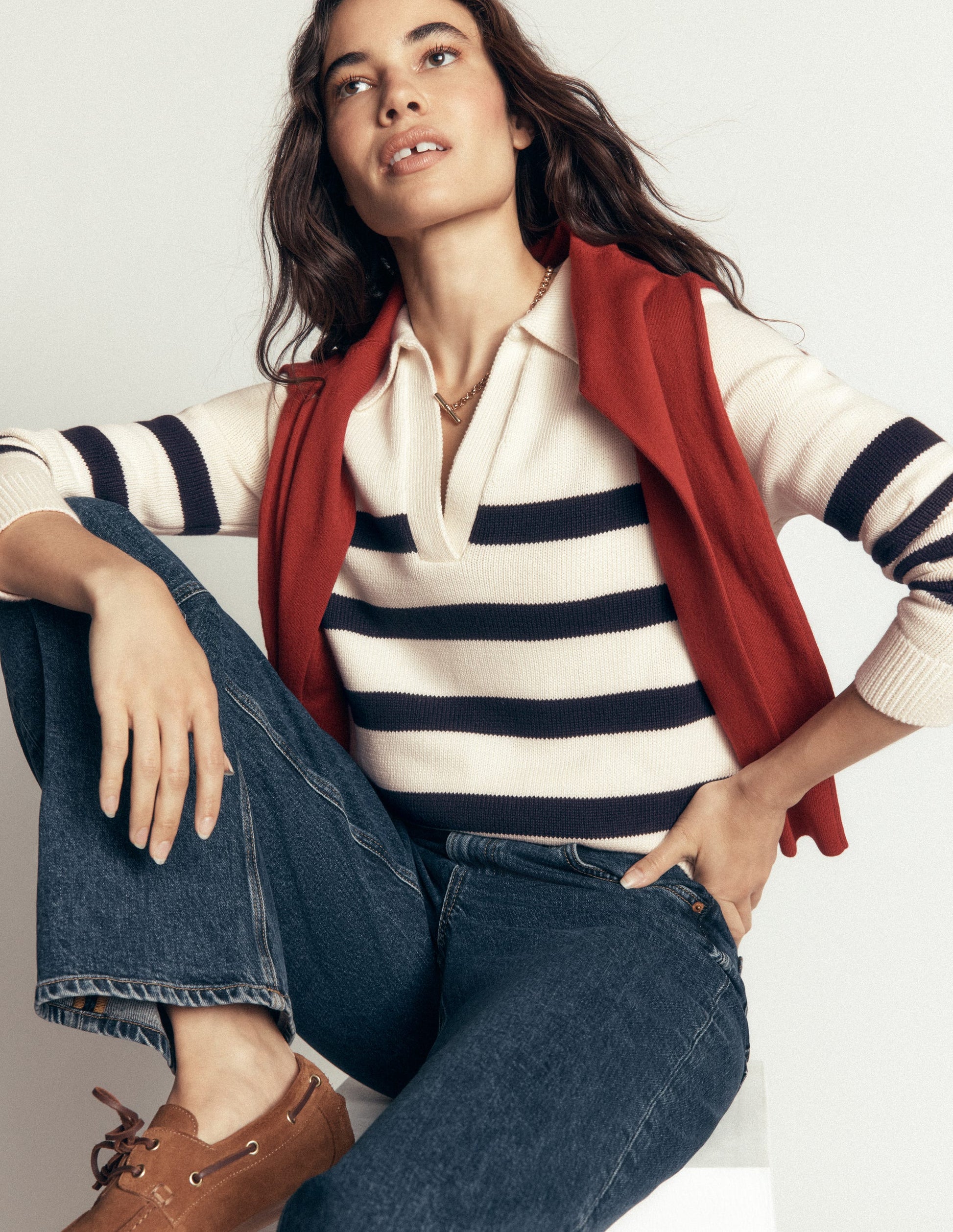 Lucy Cotton Henley Jumper-Ivory, Navy Stripe-1