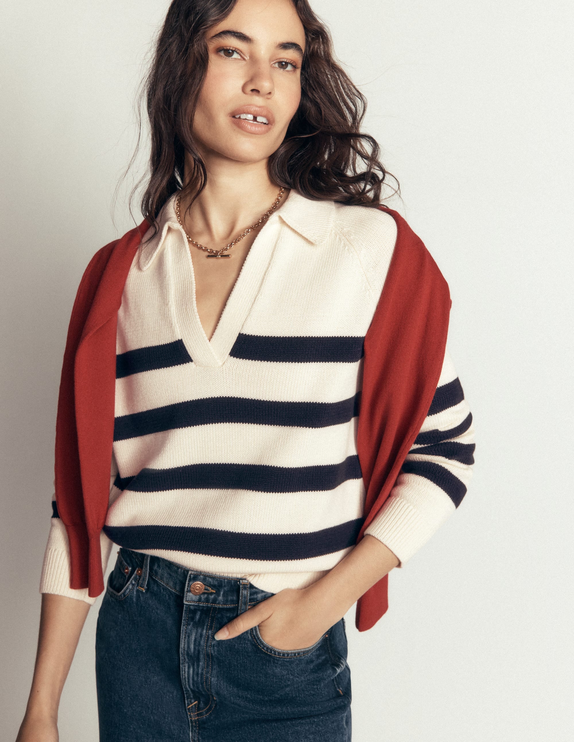 Lucy Cotton Henley Jumper-Ivory, Navy Stripe - Image 5