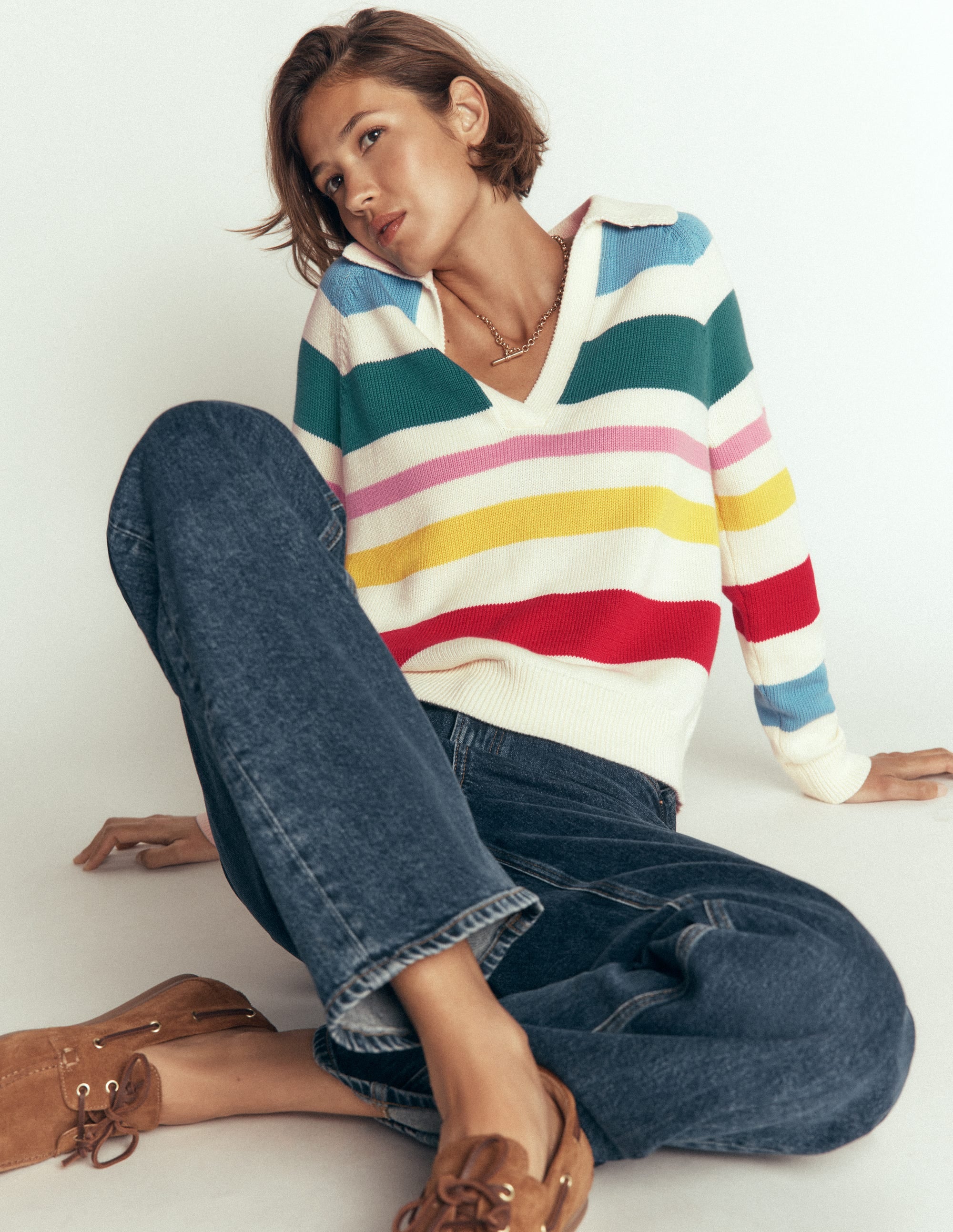Lucy Cotton Henley Jumper-Multi Stripe - Image 1