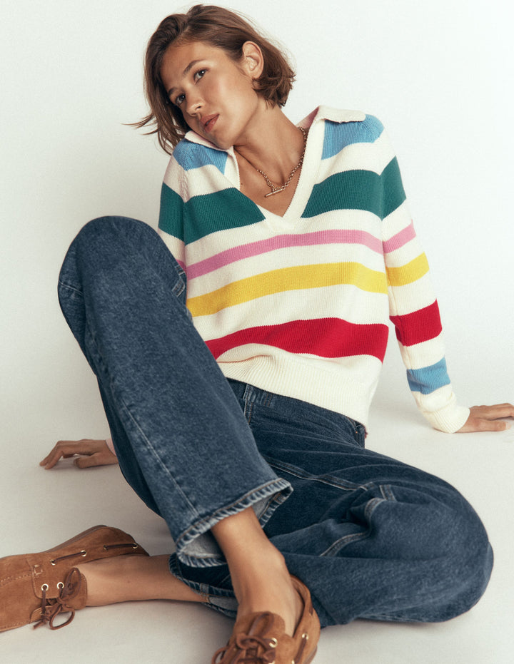 Lucy Cotton Henley Jumper-Multi Stripe