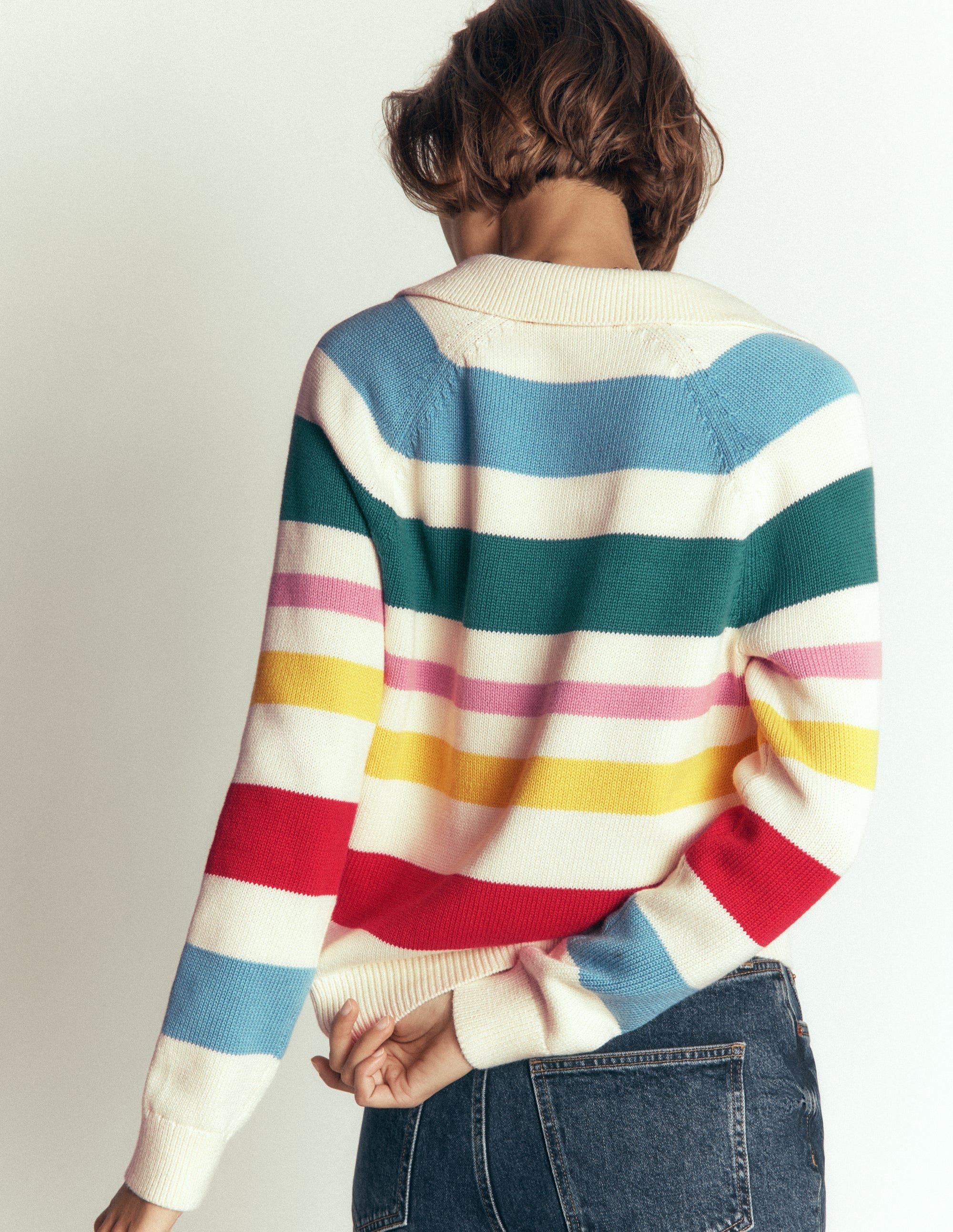 Lucy Cotton Henley Jumper-Multi Stripe - Image 3