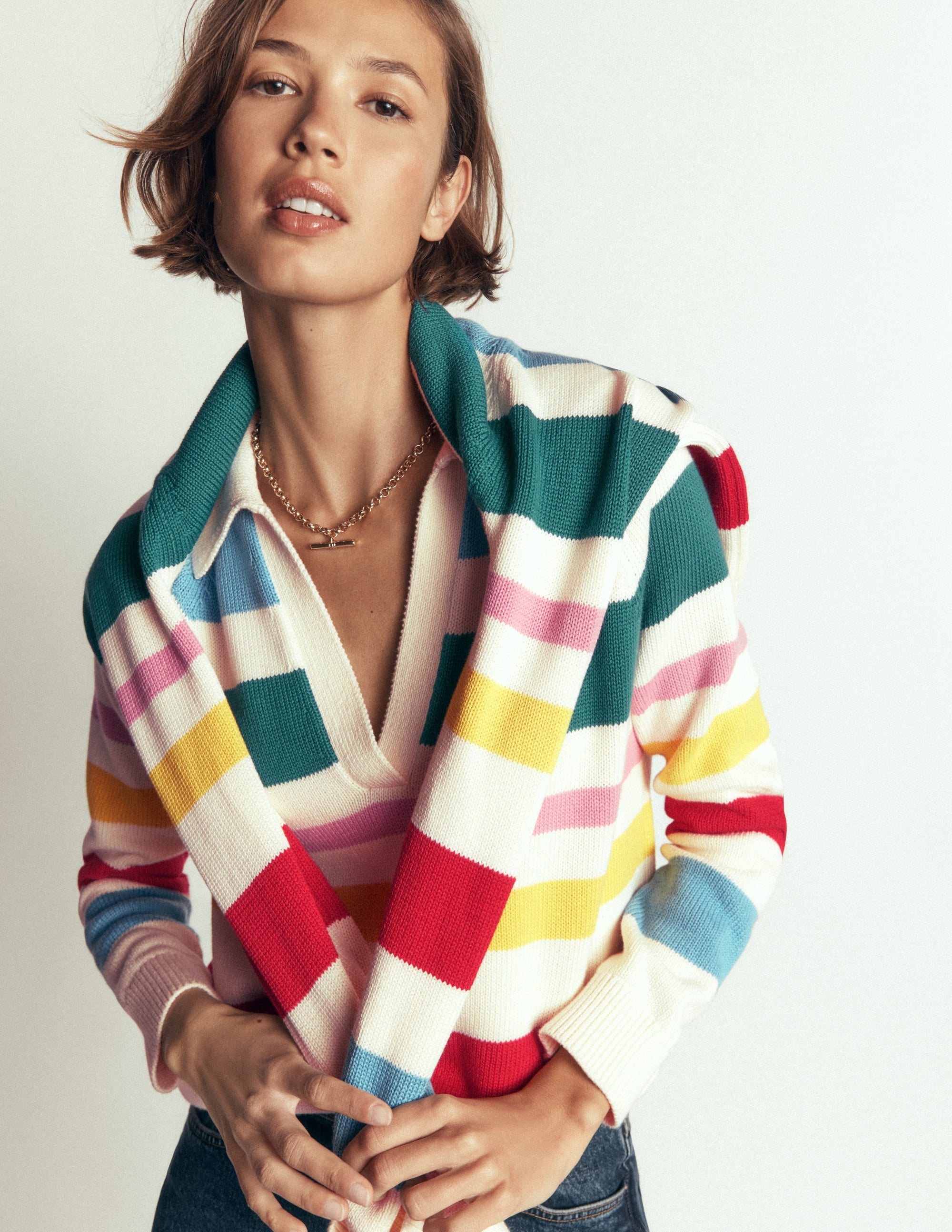 Lucy Cotton Henley Jumper-Multi Stripe - Image 5